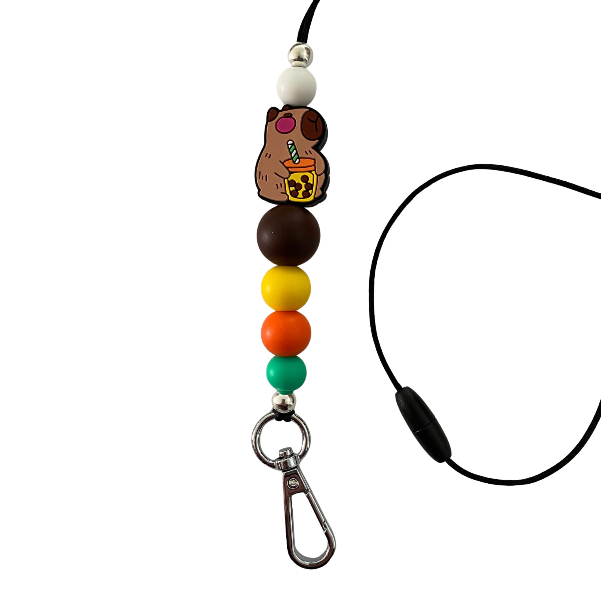 Capybara silicone lanyard featuring a white, brown, yellow, orange and green silicone beads and a  Capybara bead holding sippy cup and straw. And safety break away clasp.