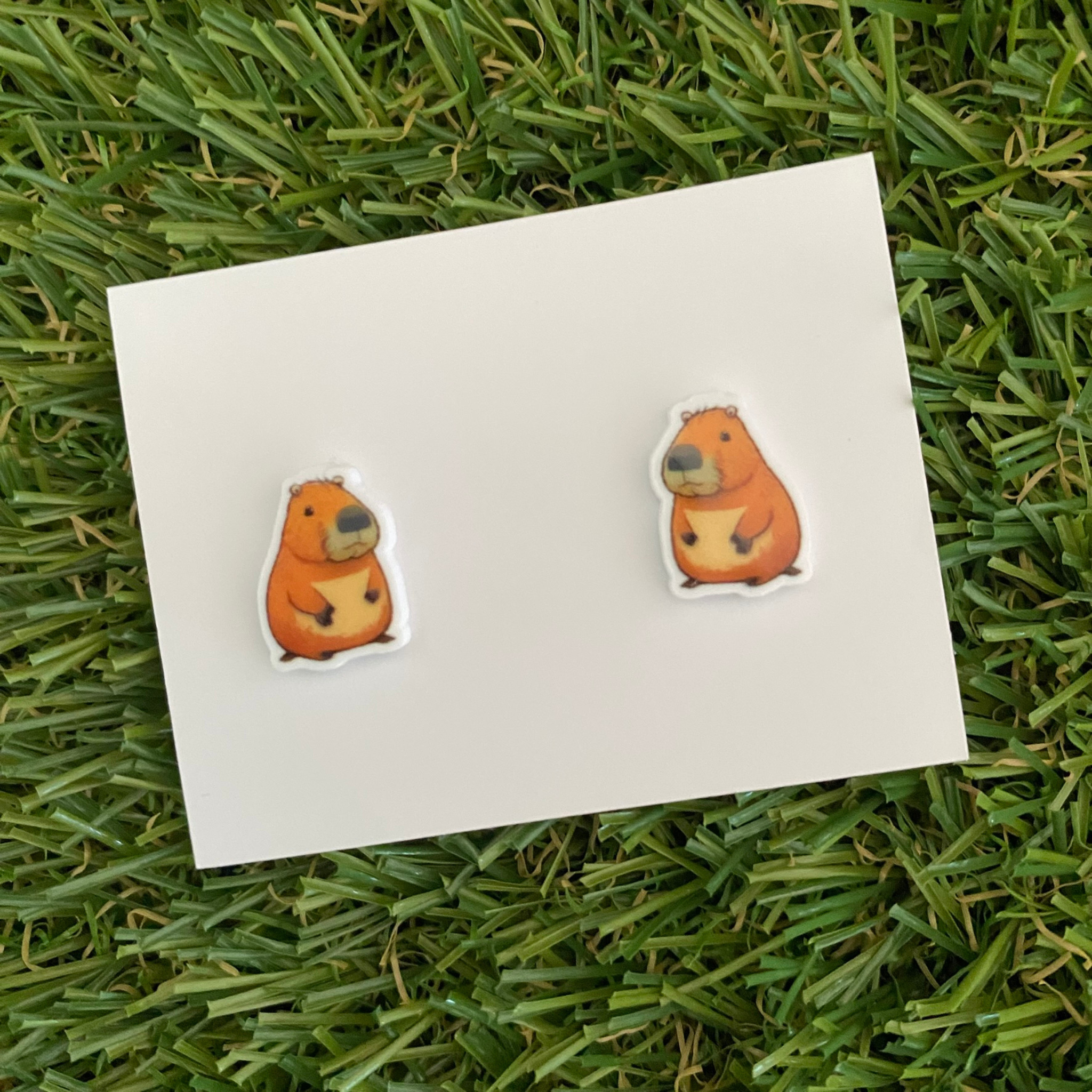 A pair of capybara stud earrings on a white backing card, placed on a green grass background.