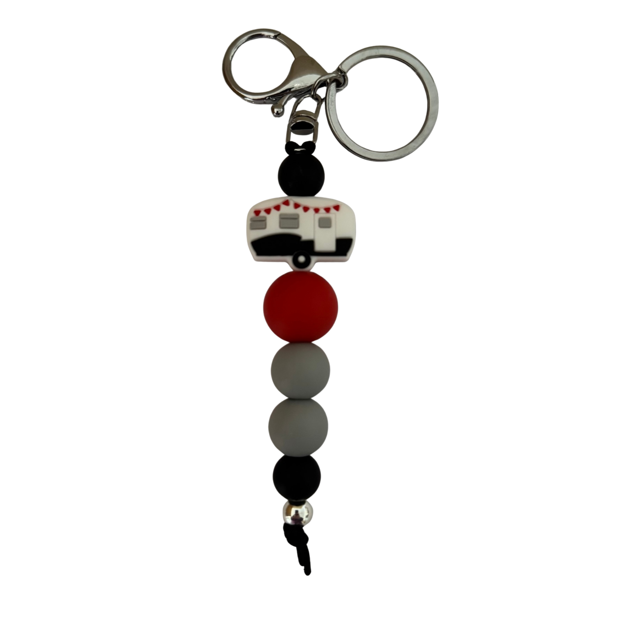 An 18cm keyring with a caravan bead and other coloured round silicone beads.