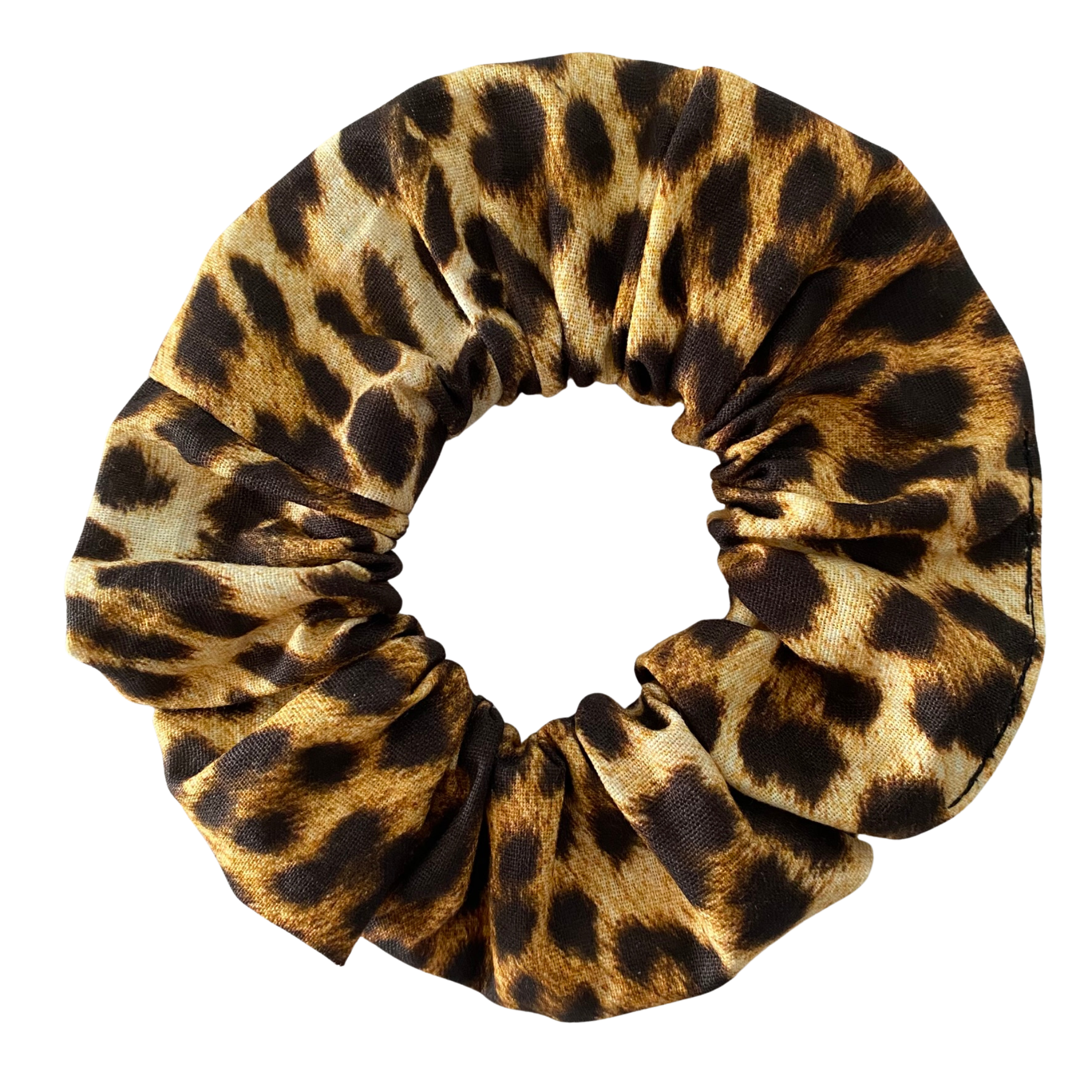 Leopard print scrunchie on a white background.