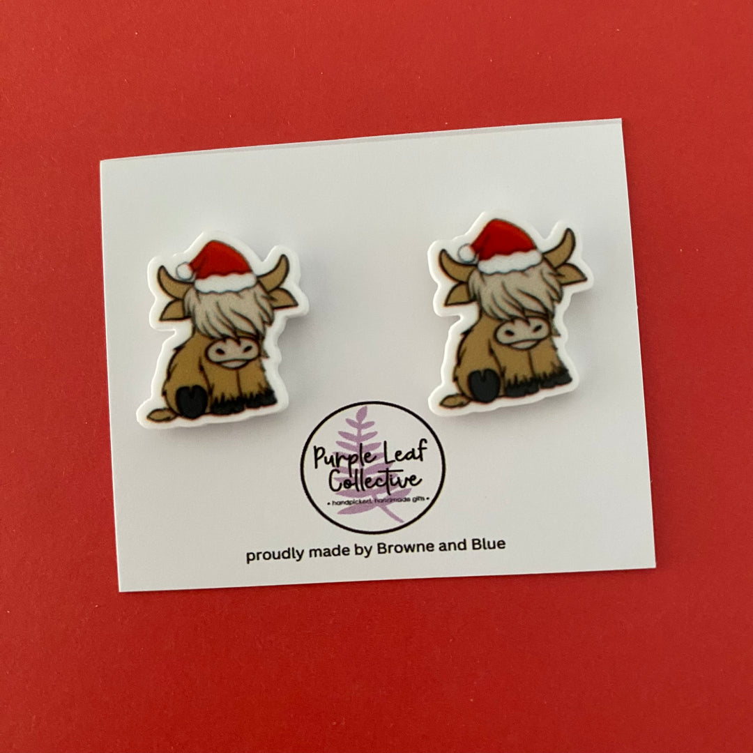 Christmas Highland Cow Blonde Stud Earrings