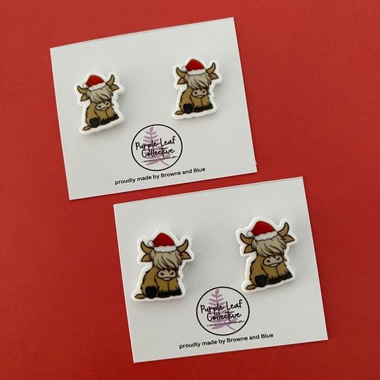 Christmas Highland Cow Blonde Stud Earrings