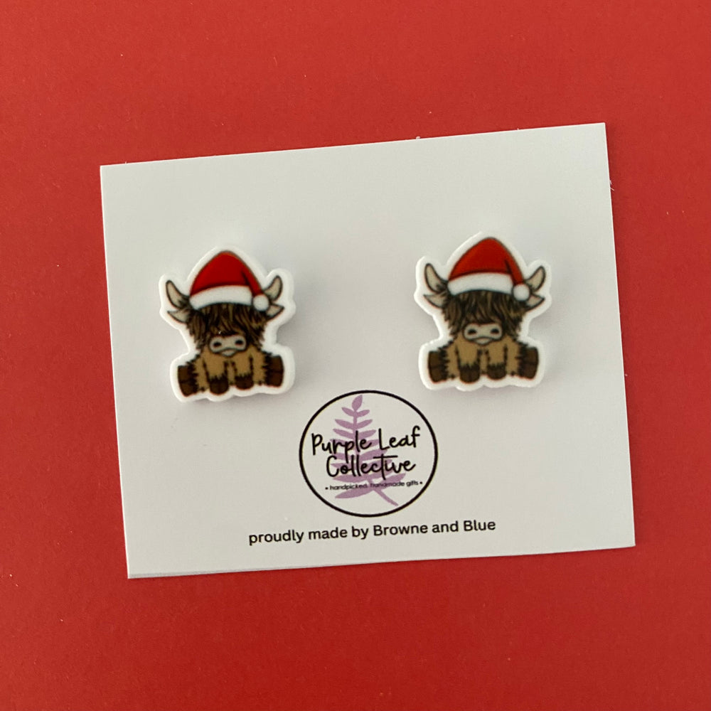 Christmas Highland Cow Brown Stud Earrings