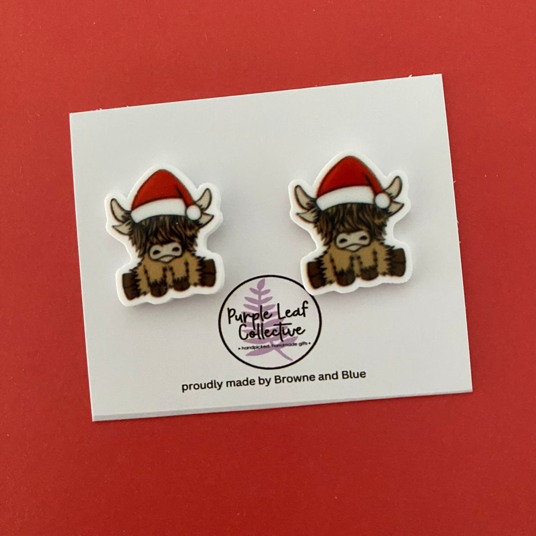 Christmas Highland Cow Brown Stud Earrings