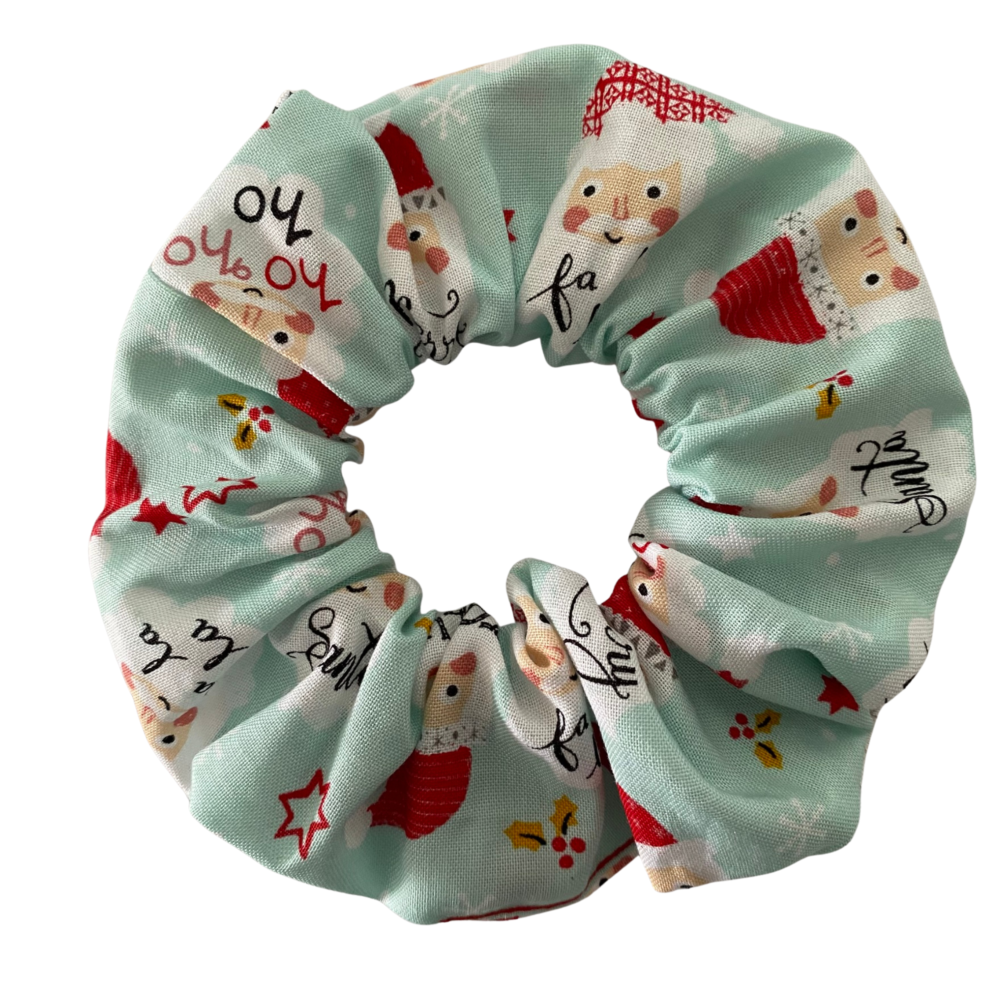 Scrunchie with Santa Claus pattern on a light blue background.