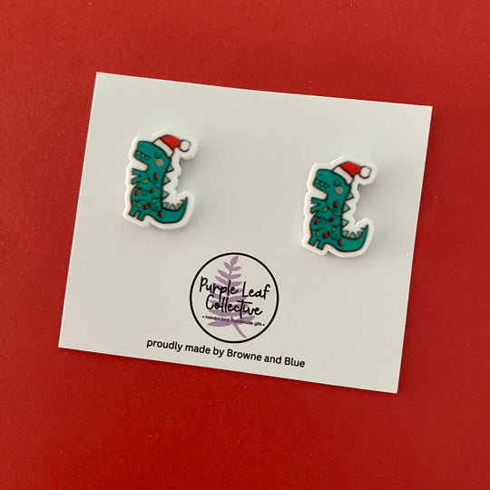 Christmas T-Rex Dinosaur Stud Earrings