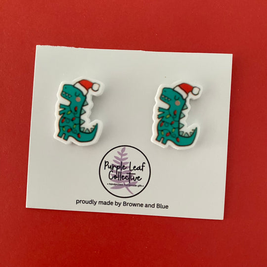 Christmas T-Rex Dinosaur Stud Earrings