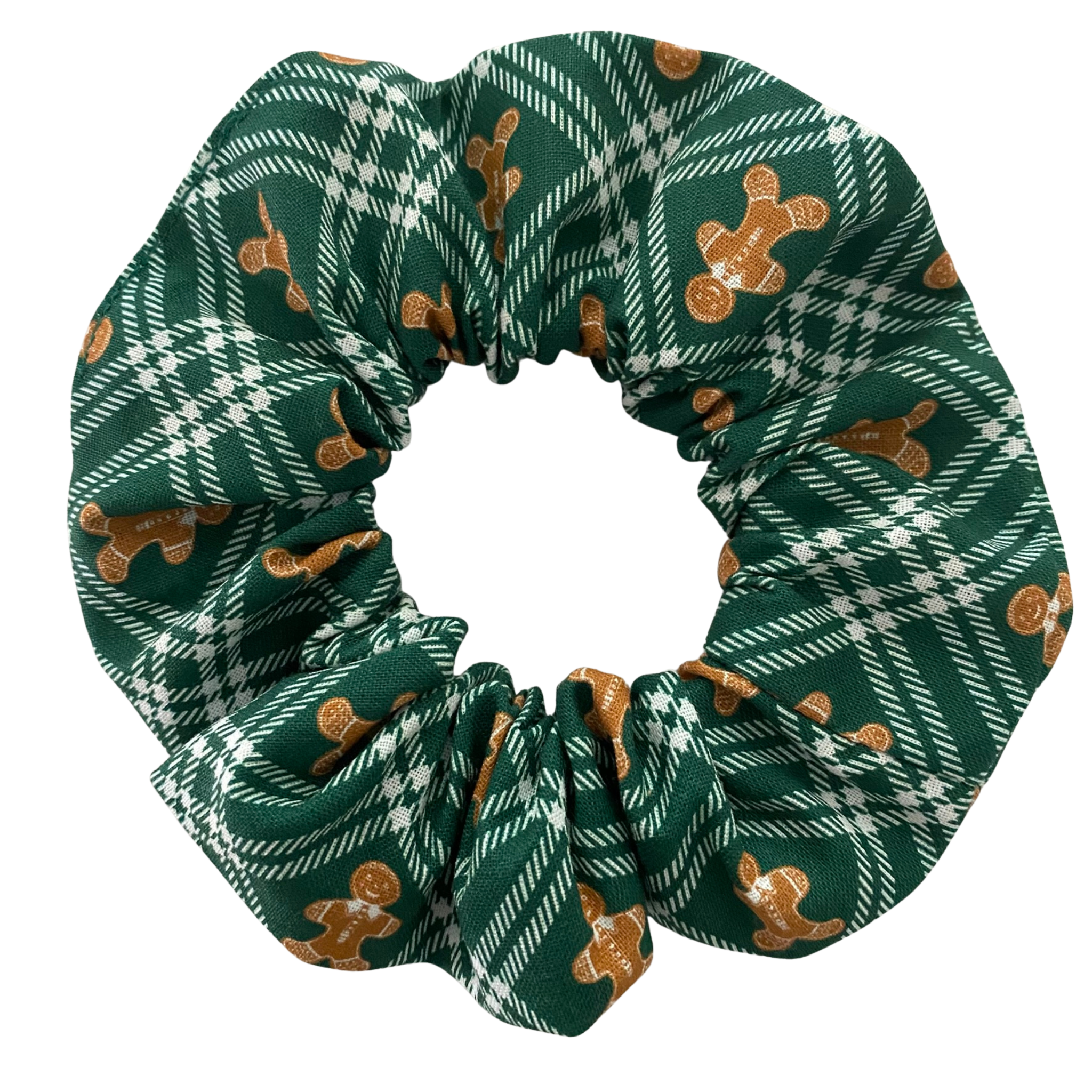 Green plaid scrunchie with gingerbread men pattern on a white background.