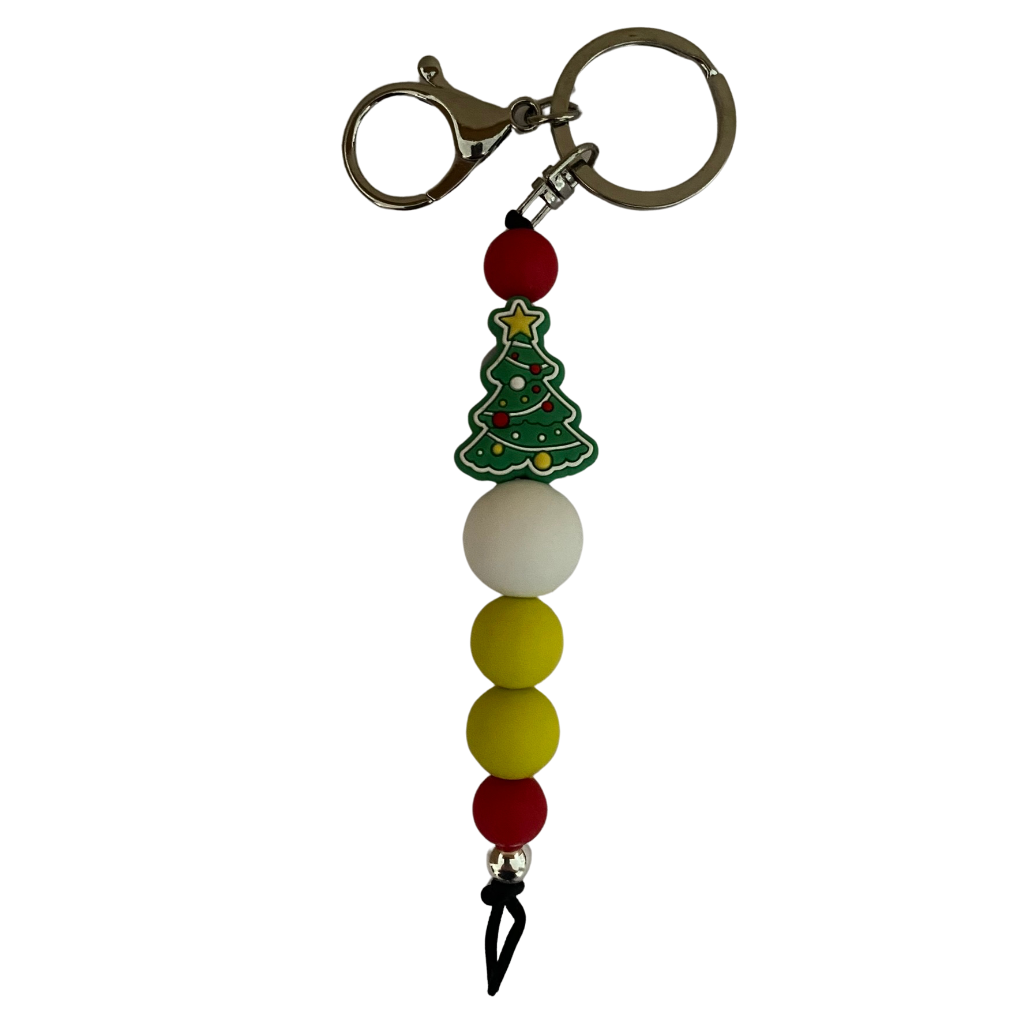 An 18cm keyring featuring a Christmas Tree and other coloured round silicone beads.