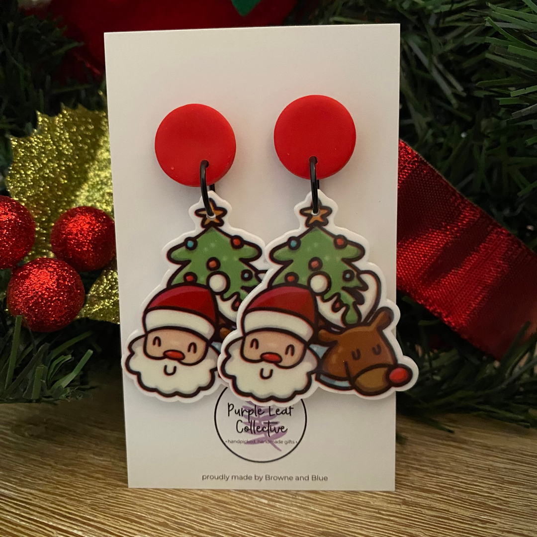 Christmas-themed earrings on a card with decorative background.