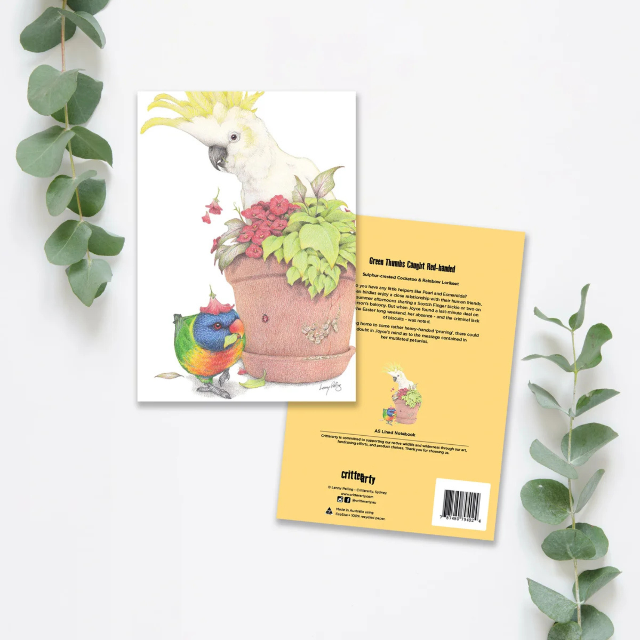 A5 premium lined notebook with 80 pages, luxuriously bound in a silky smooth, full colour cover featuring a Cockatoo and Rainbow Lorikeet bird.