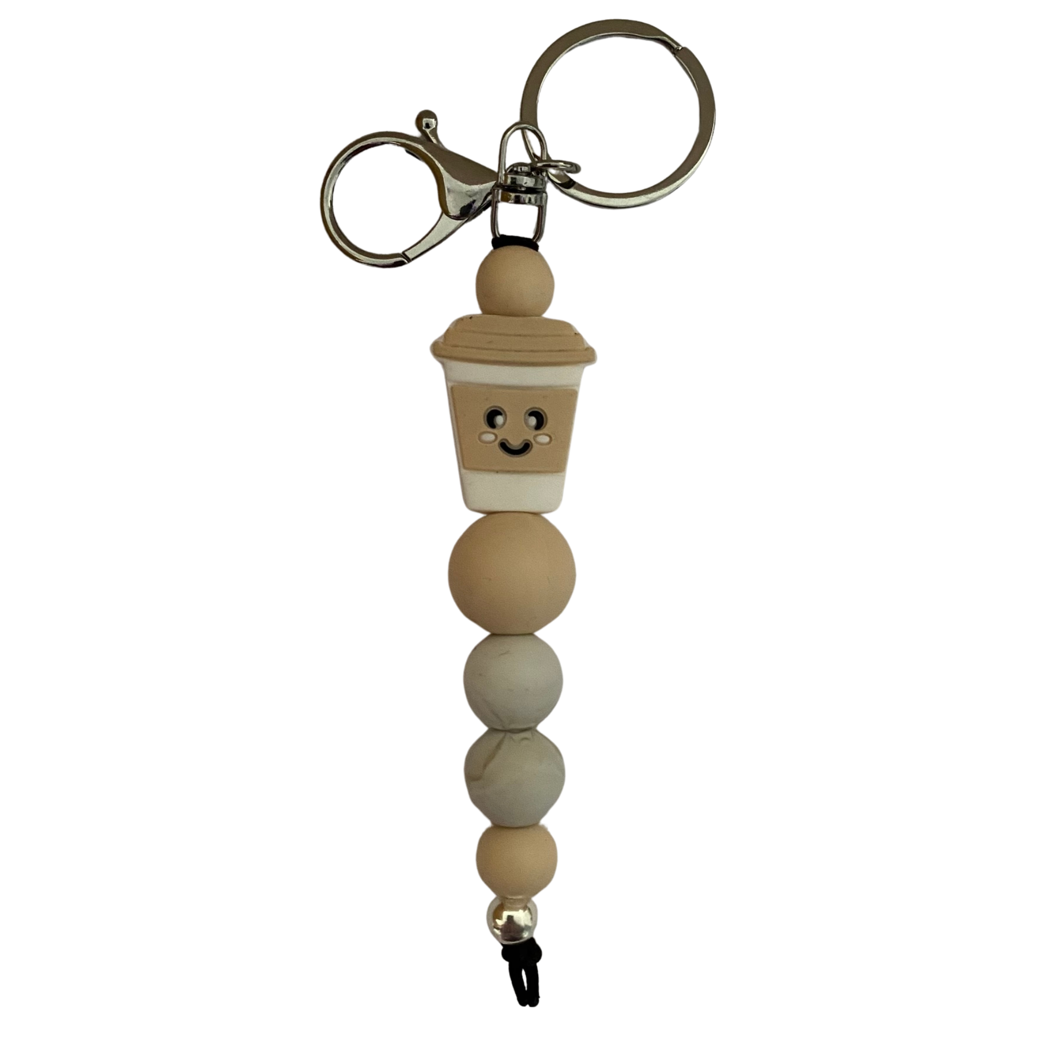 A 18cm keyring with a cream coffee cup silicone bead and matching round silicone beads.