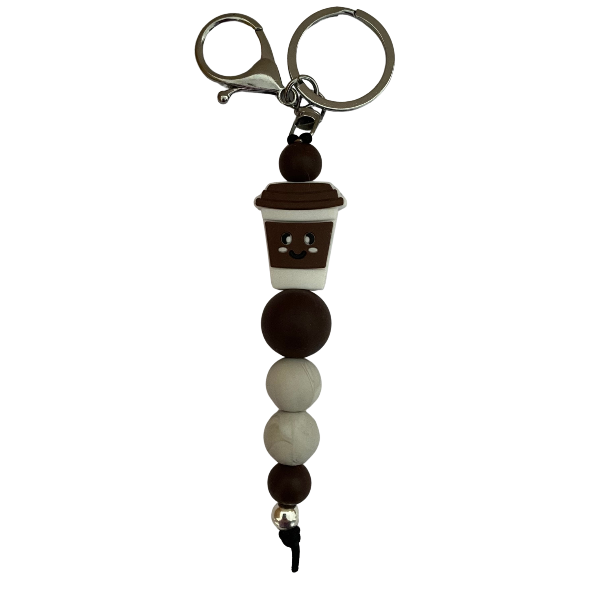 An 18cm keyring with a mocha coffee cup silicone bead and matching round silicone beads.