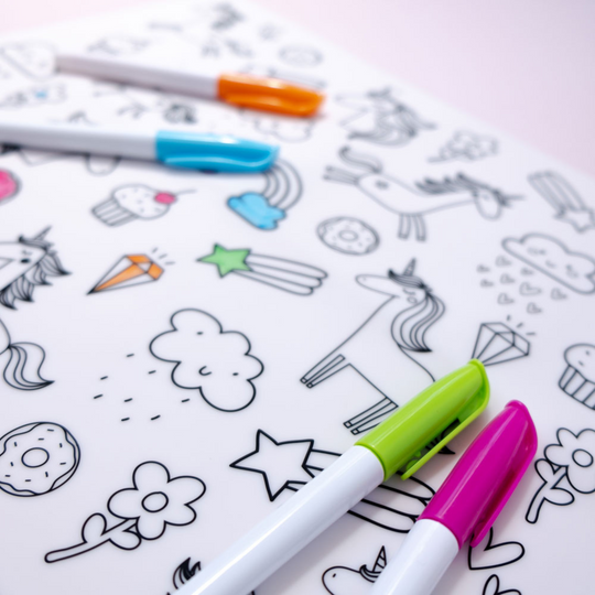A closeup image of the Unicorn themed colour in silicone placemat coloured in.