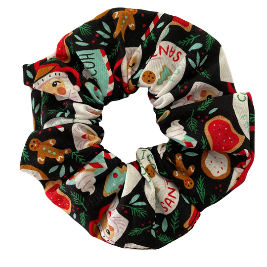 Cookies for Santa Christmas Scrunchie with cookies, candy canes and holly print on a black fabric. 