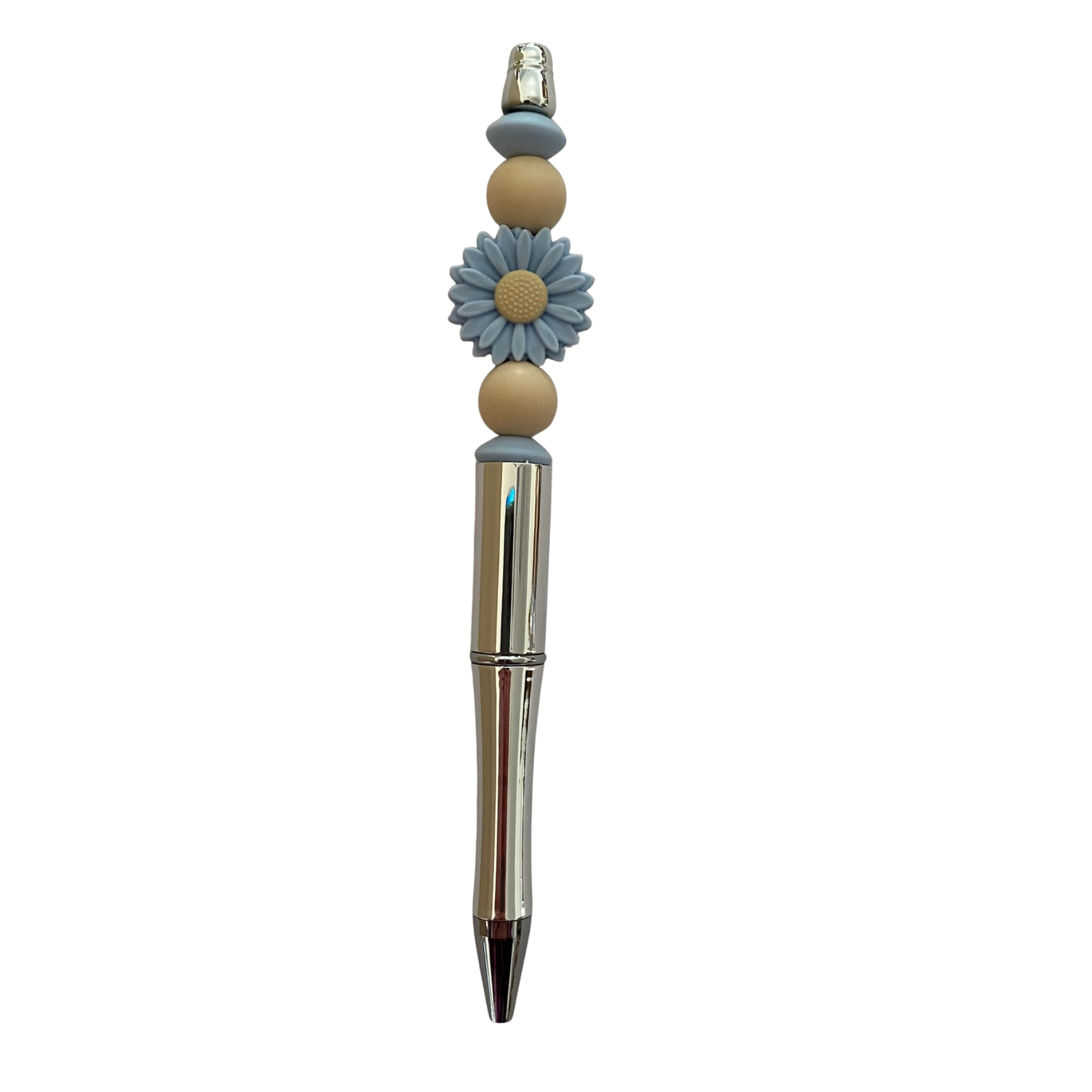 Daisy pen with blue beads on a white background.