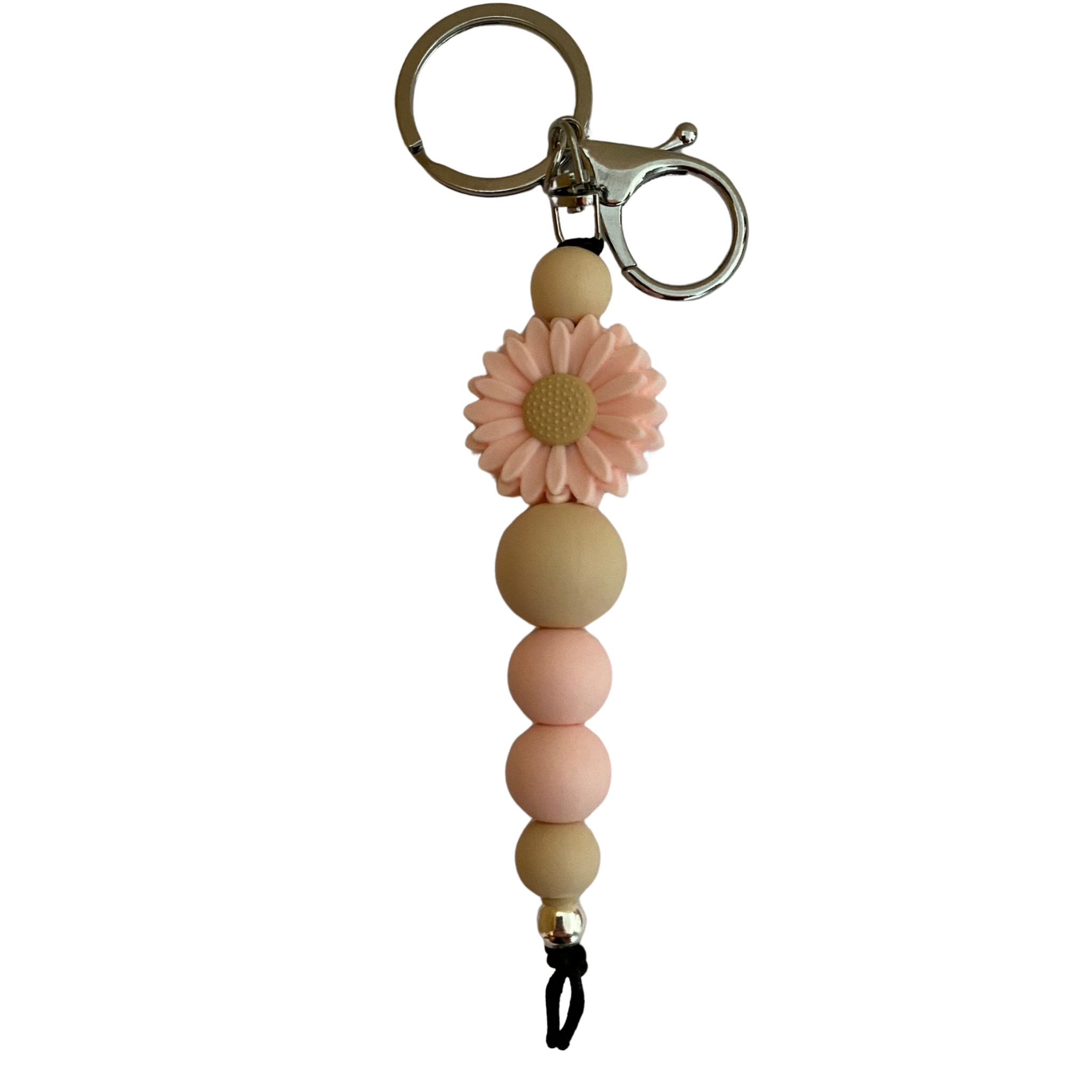 An 18cm keyring with a baby pink coloured daisy silcone bead and other assorted beads.