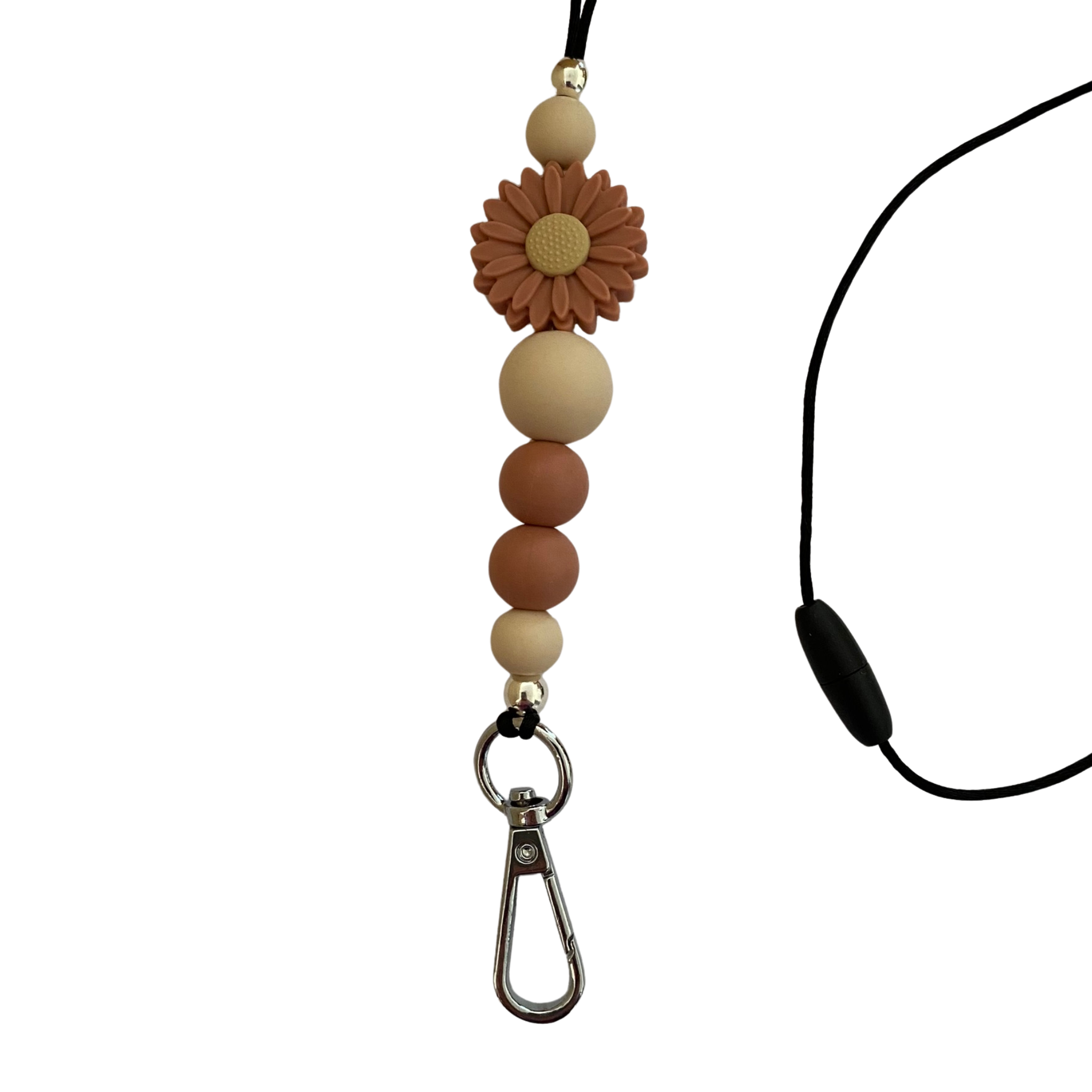 A 60cm lanyard fitted with a safety break away clasp and a Daisy Clay silicone bead and other coloured round silicone beads.