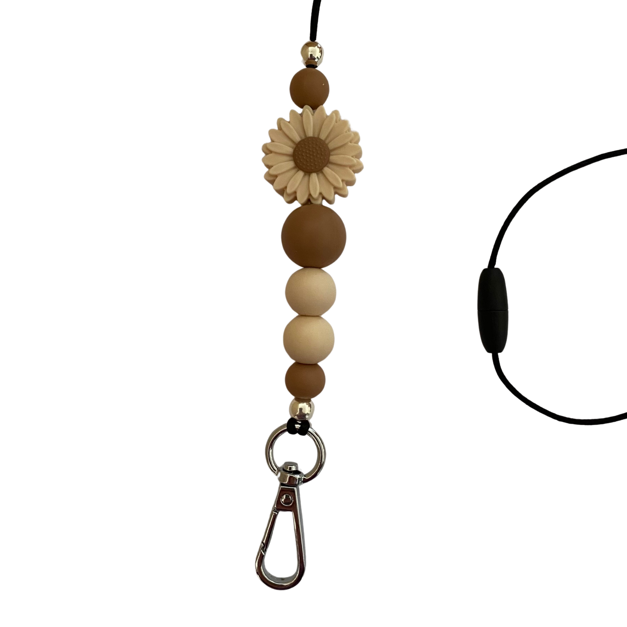 A 60cm lanyard fitted with a safety break away clasp and a Daisy Cream silicone bead and other coloured round silicone beads.