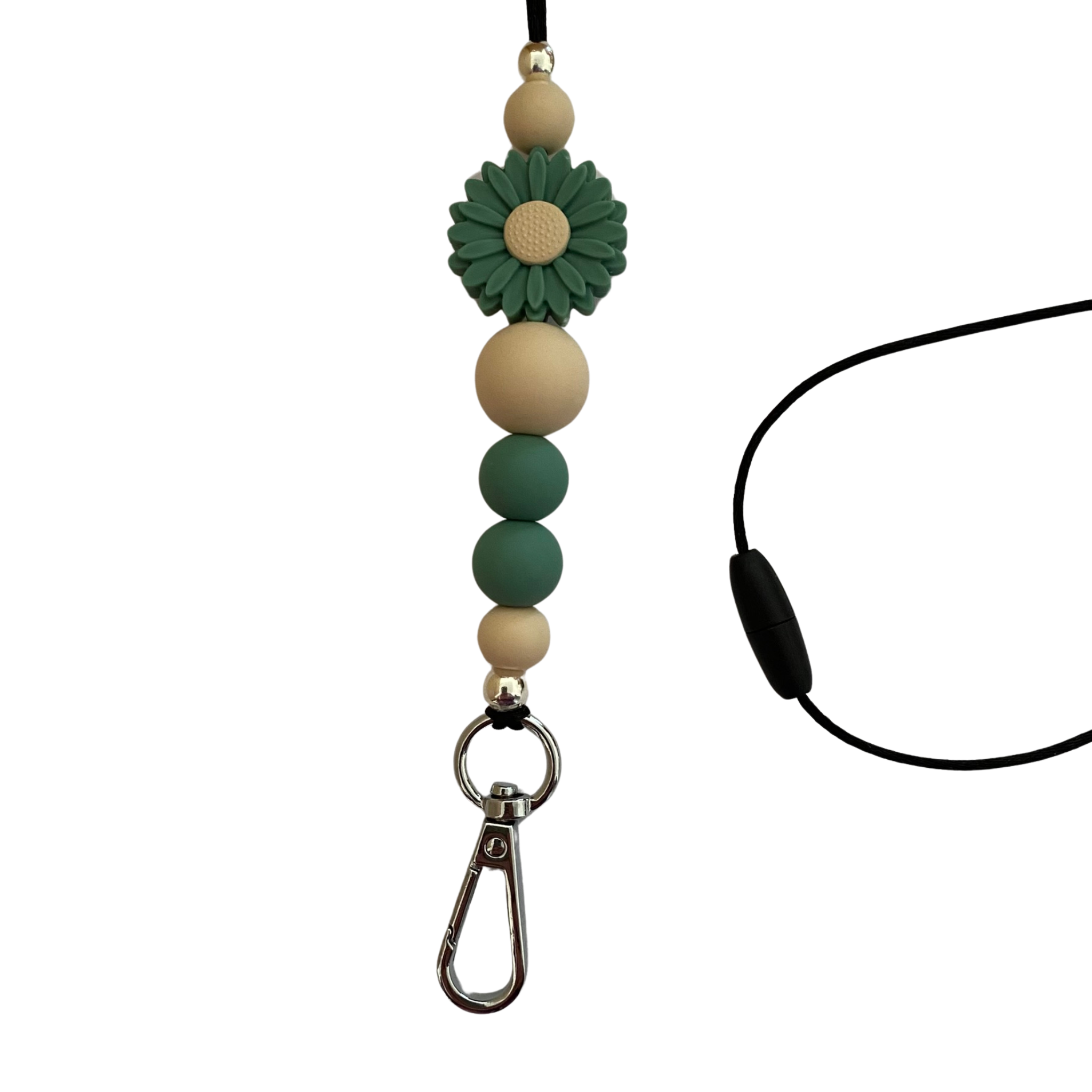 A 60cm lanyard fitted with a safety break away clasp and a Daisy Feldspar Green silicone bead and other coloured round silicone beads.