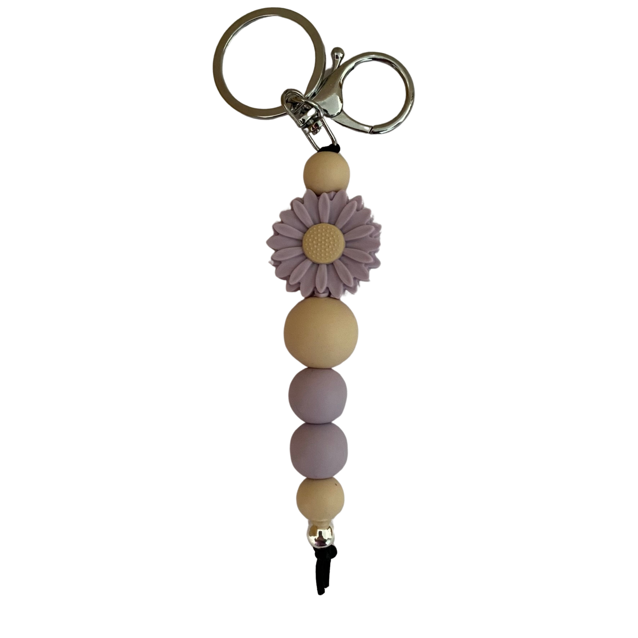 An 18cm keyring featuring a lavender daisy silicone bead and other round coloured silicone beads.