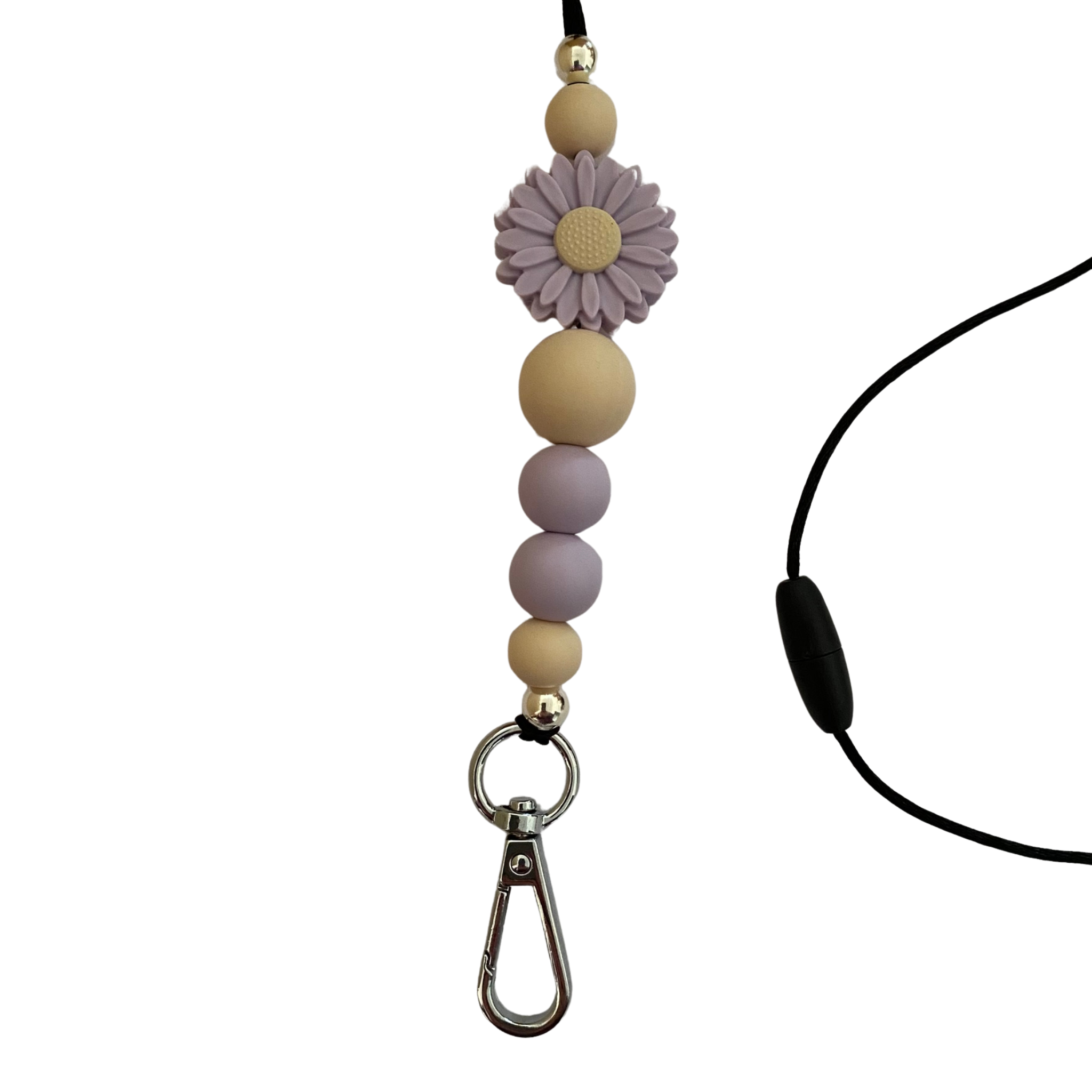 A 60cm lanyard fitted with a safety break away clasp and a Daisy Lavender silicone bead and other coloured round silicone beads.