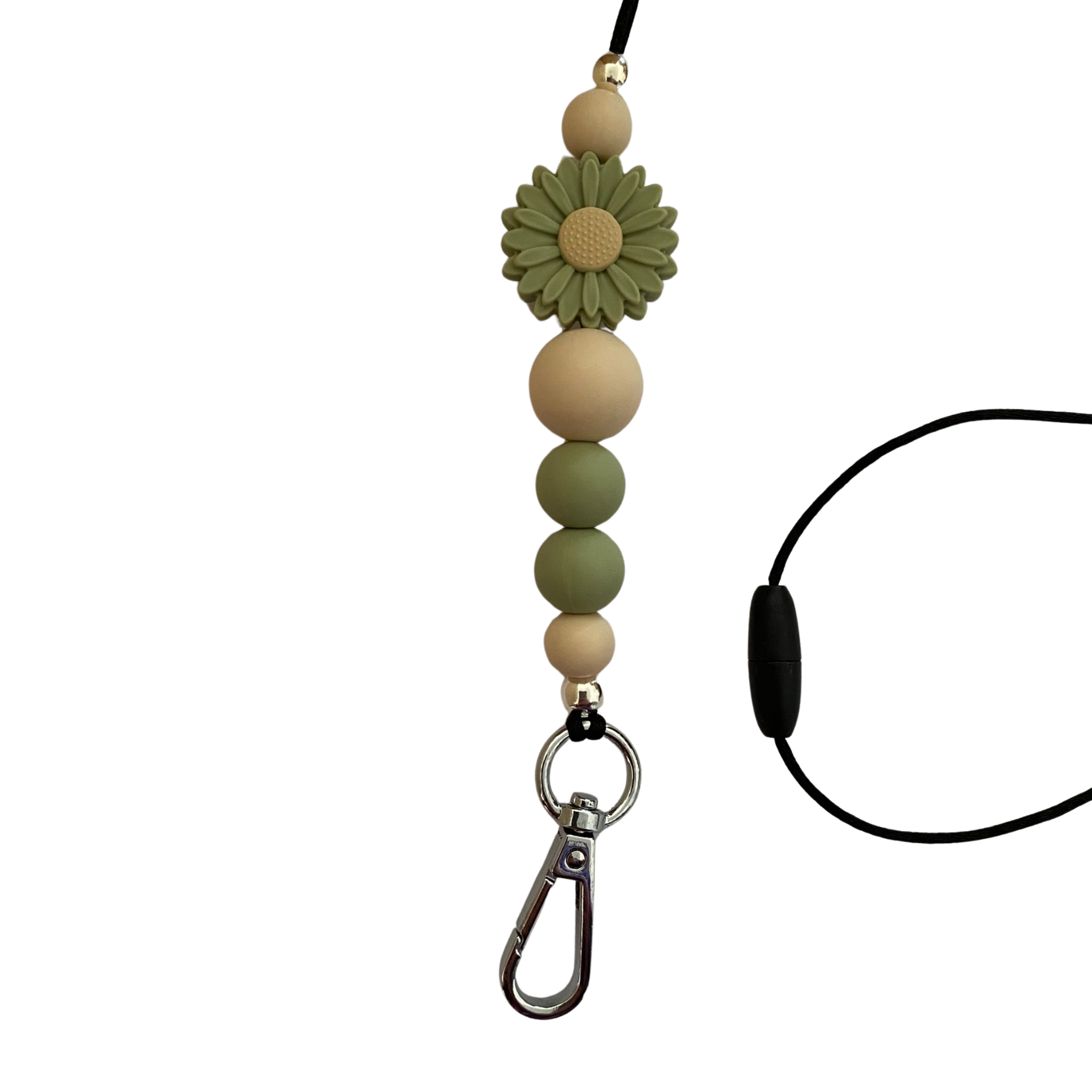 A 60cm lanyard fitted with a safety break away clasp and a Daisy Lint Green silicone bead and other coloured round silicone beads.