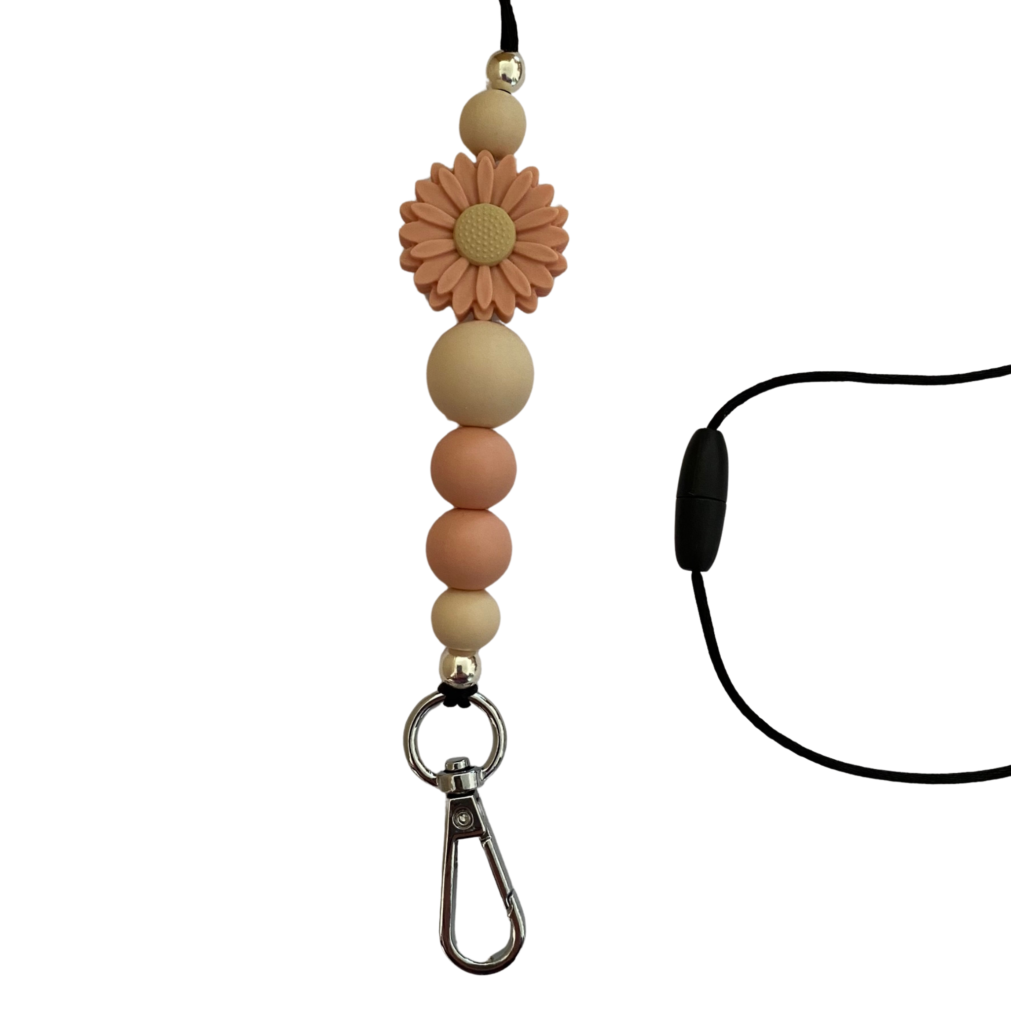 A 60cm lanyard fitted with a safety break away clasp and a Daisy Peach silicone bead and other coloured round silicone beads.