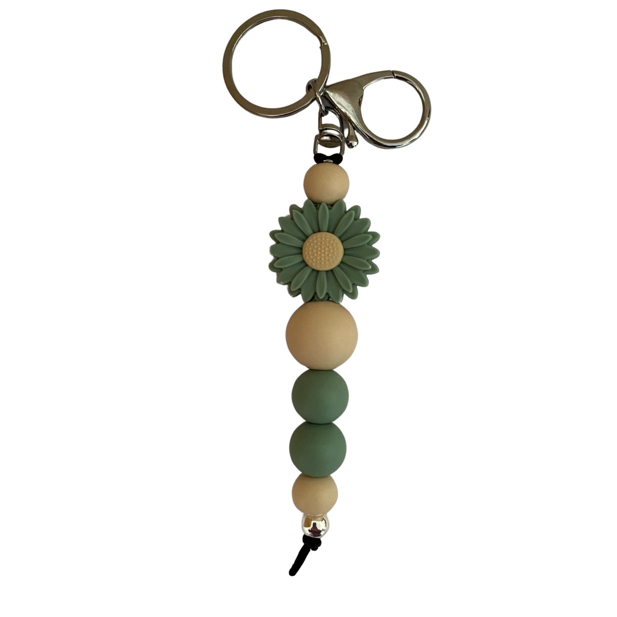 An 18cm keyring featuring a Sage Green coloured daisy silicone bead and other round coloured silicone beads.