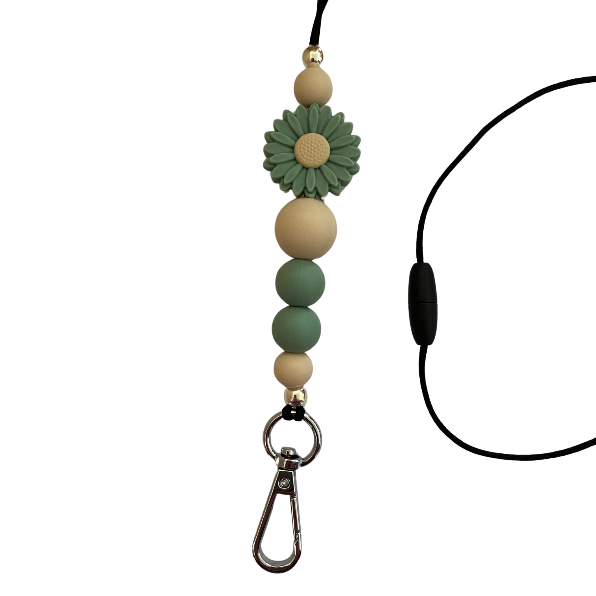 A 60cm lanyard fitted with a safety break away clasp and a Daisy Sage Green silicone bead and other coloured round silicone beads.