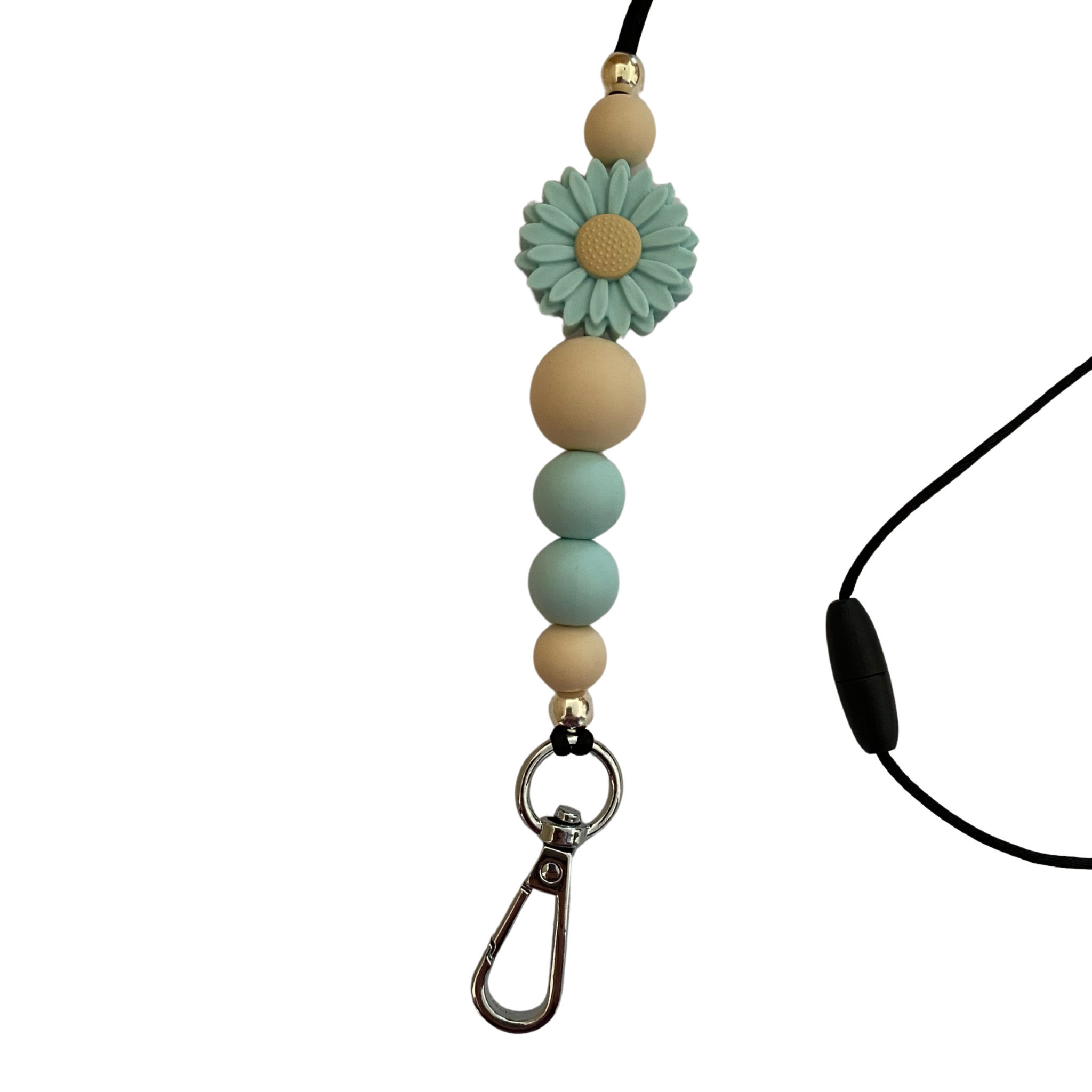 A 60cm lanyard fitted with a safety break away clasp and a Daisy Sea Glass silicone bead and other coloured round silicone beads.