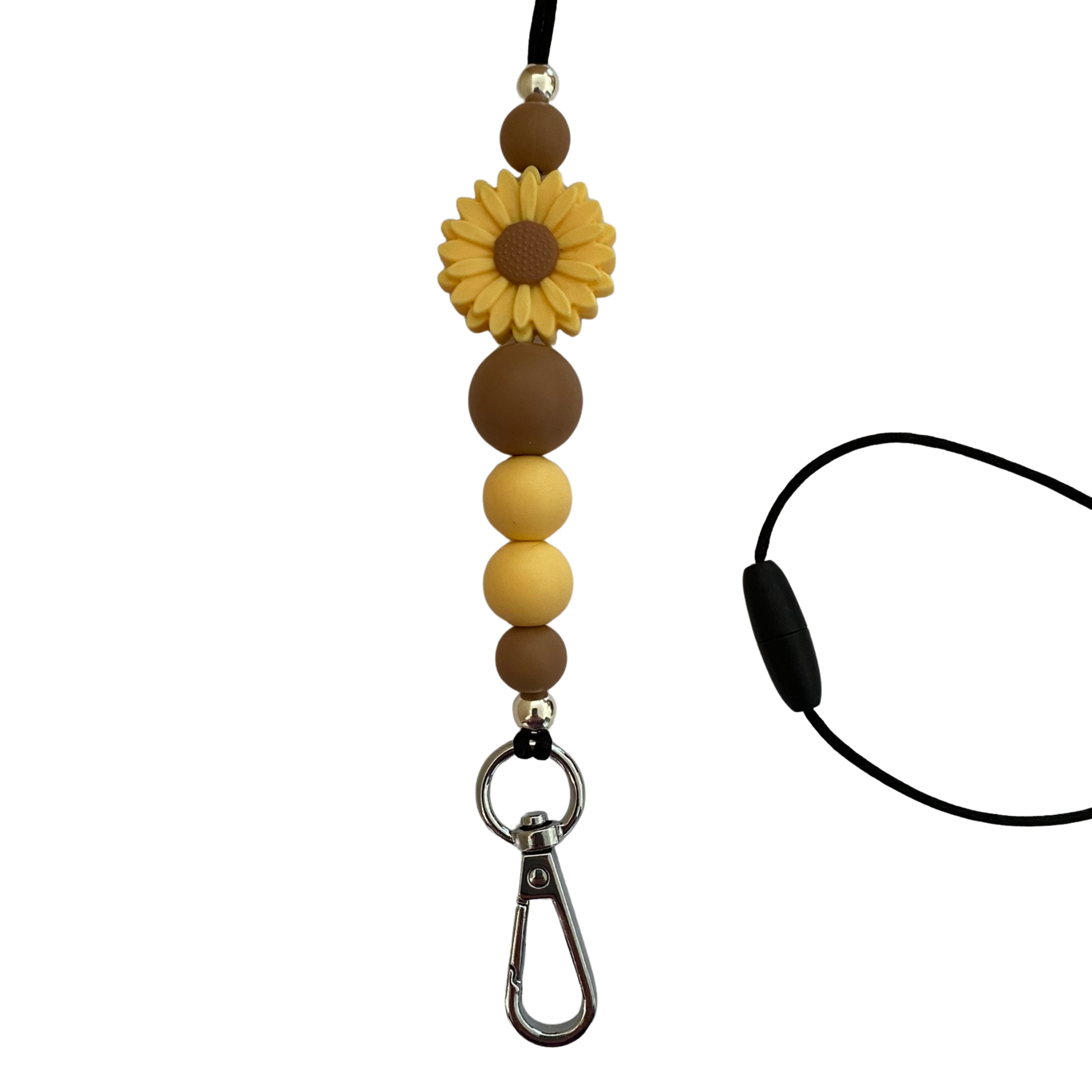 A 60cm lanyard fitted with a safety break away clasp and a Daisy Sunshine silicone bead and other coloured round silicone beads.