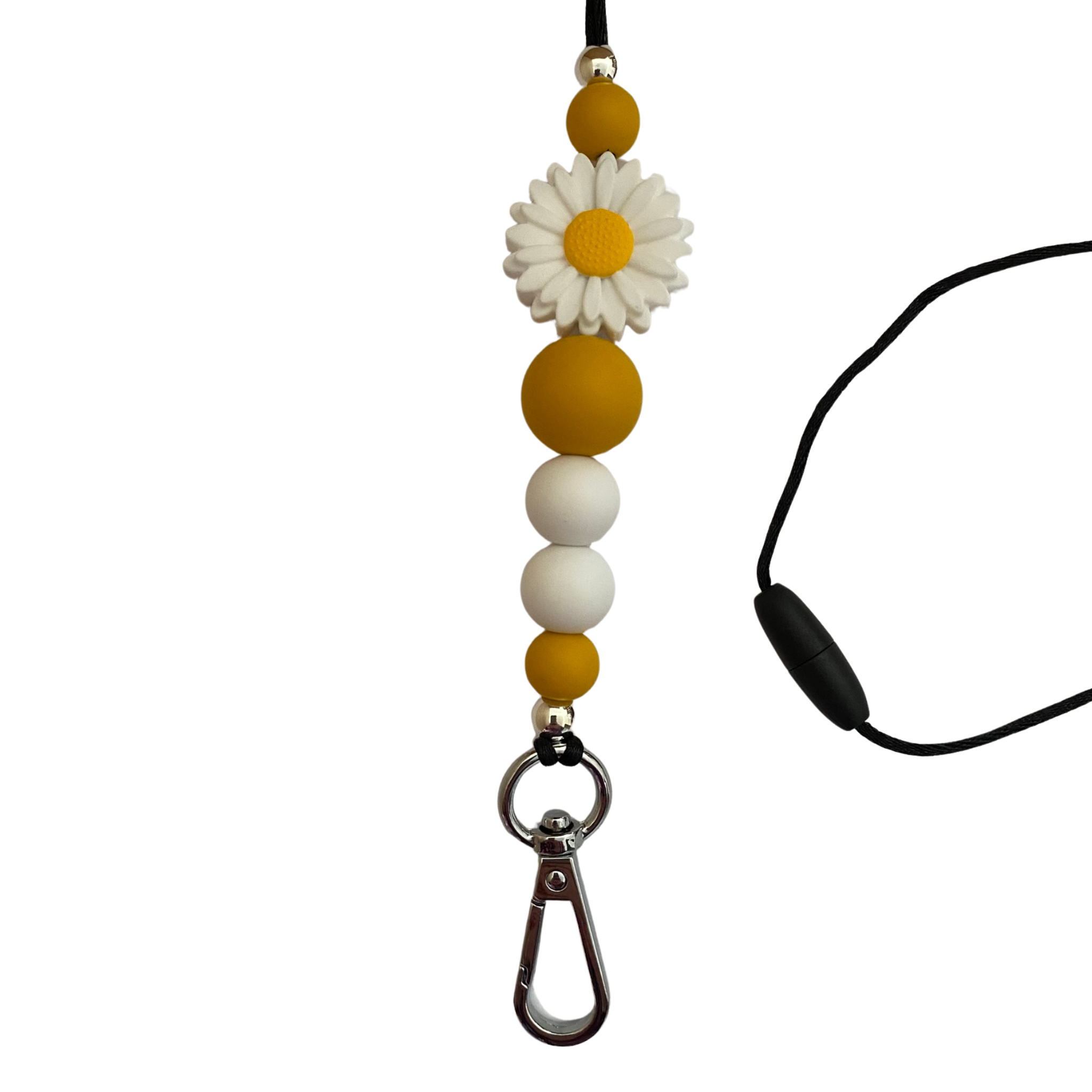 A 60cm lanyard fitted with a safety break away clasp featuring a white daisy bead and other coloured round silicone beads.