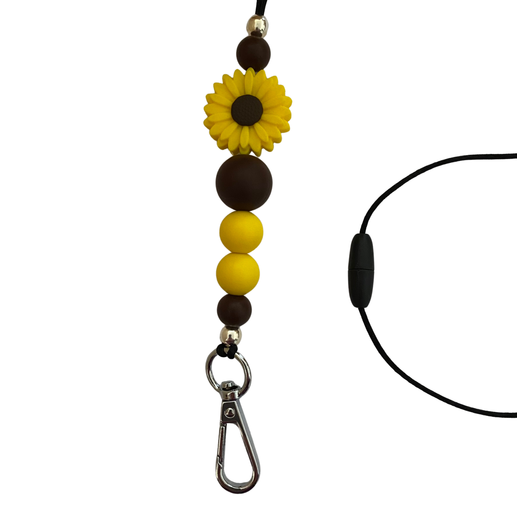 A 60cm lanyard fitted with a safety break away clasp and a Daisy Yellow silicone bead and other coloured round silicone beads.