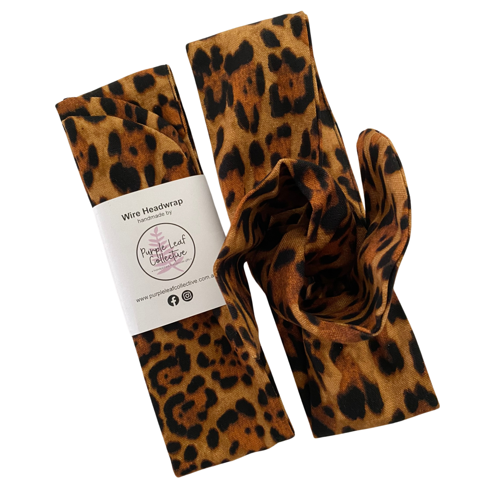 Leopard print headwrap with packaging on a white background.