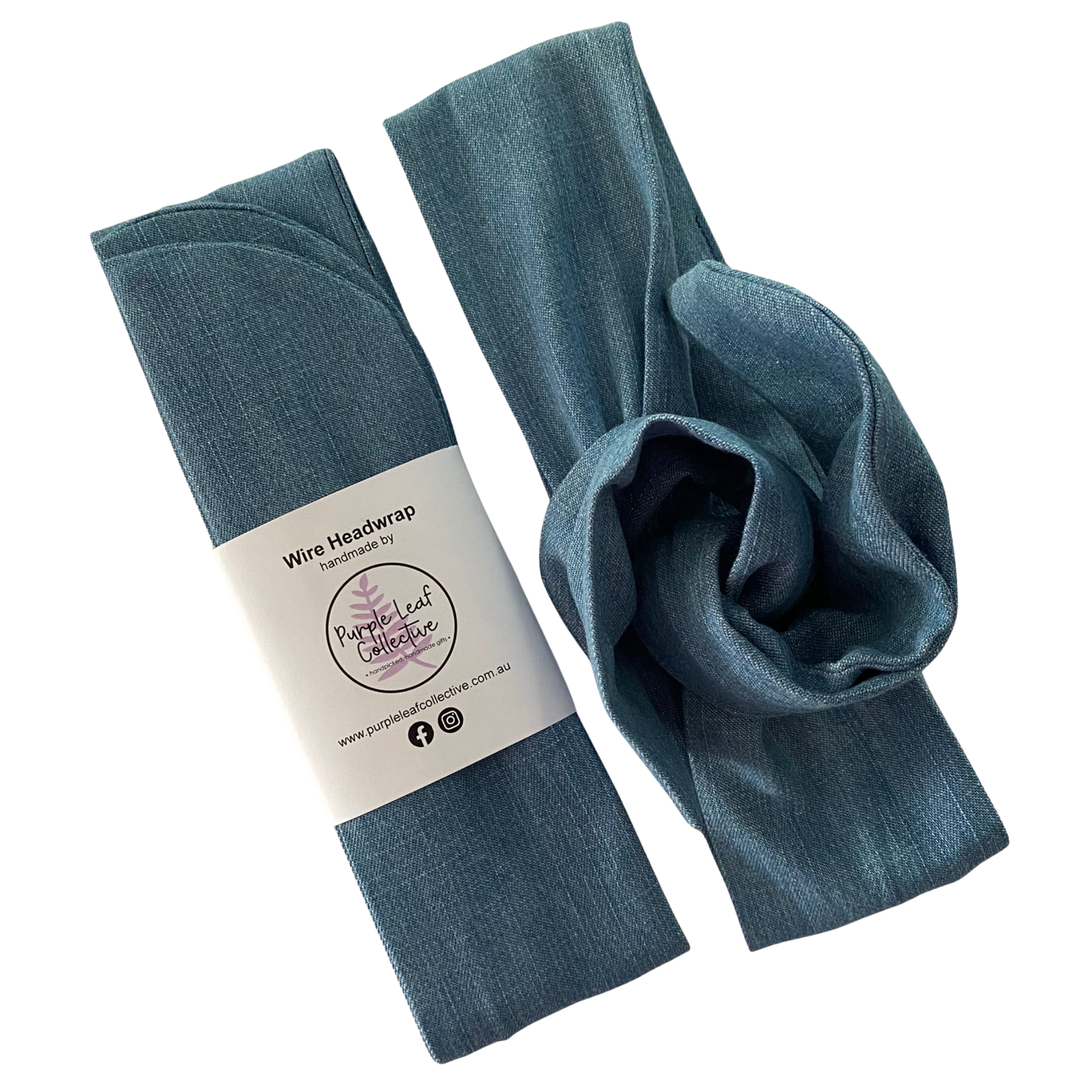 Denim bleach colour headwrap with packaging on a white background.