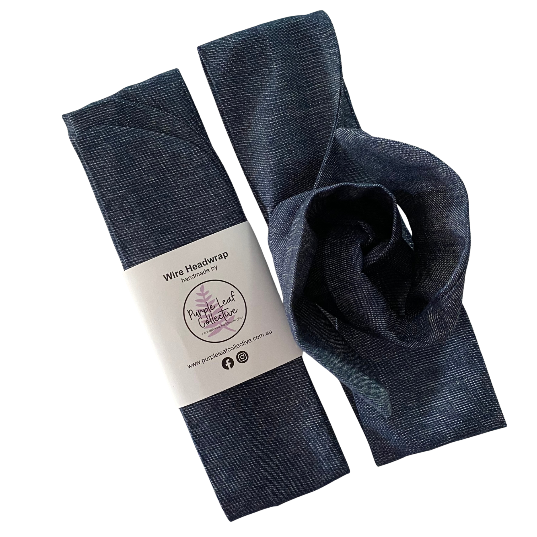 Denim dark colour headwrap with packaging on a white background.
