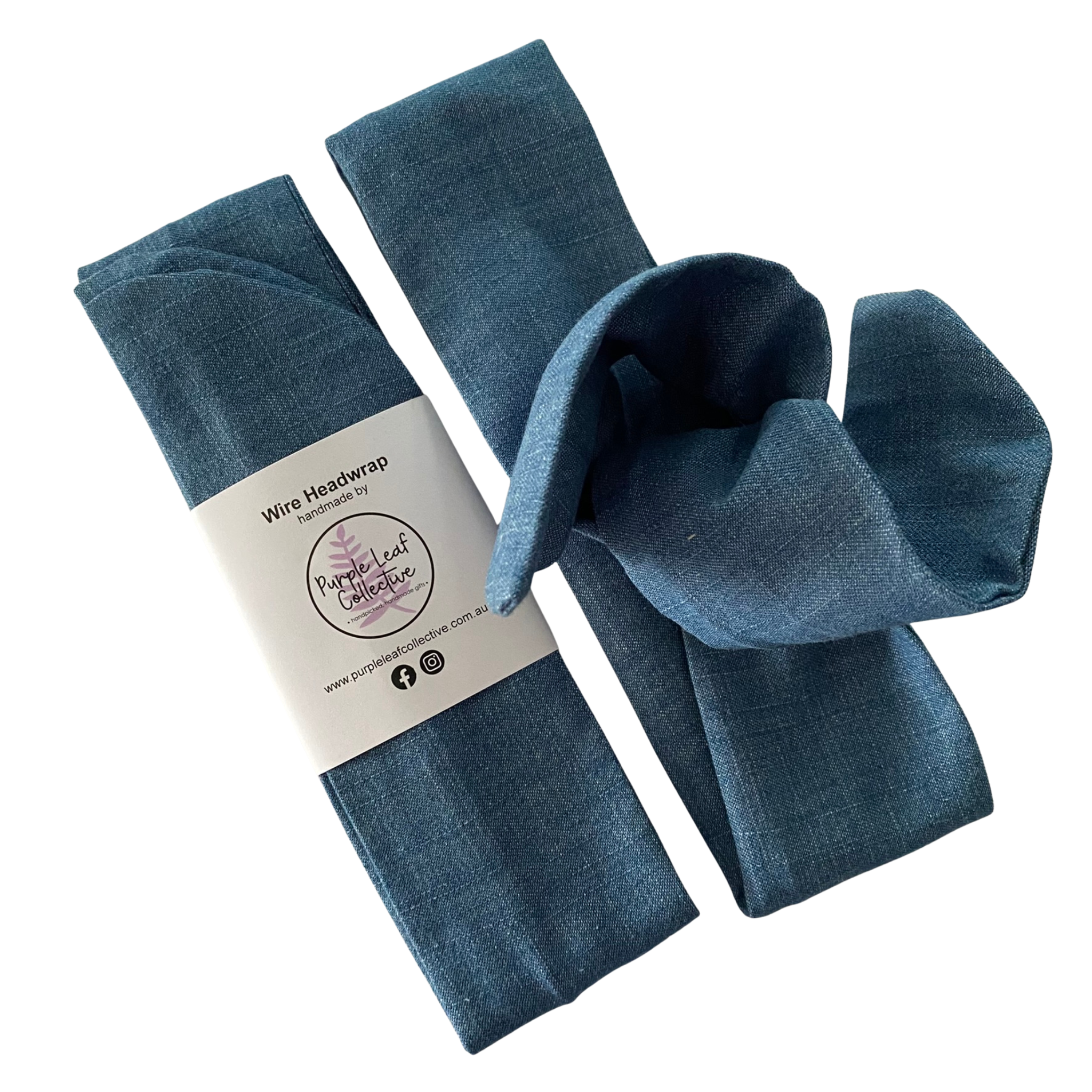 Denim in mid wash colour headwrap with packaging on a white background.
