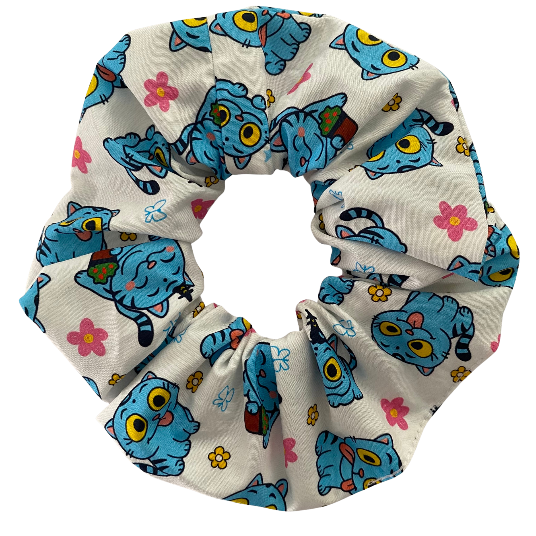 Images of Derpy Tiger from K-Pop Demon Hunters on a white scrunchie.