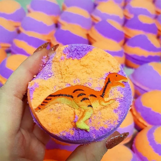 Dino Toy Bath Bomb showing an example of the hidden dino toy inside.