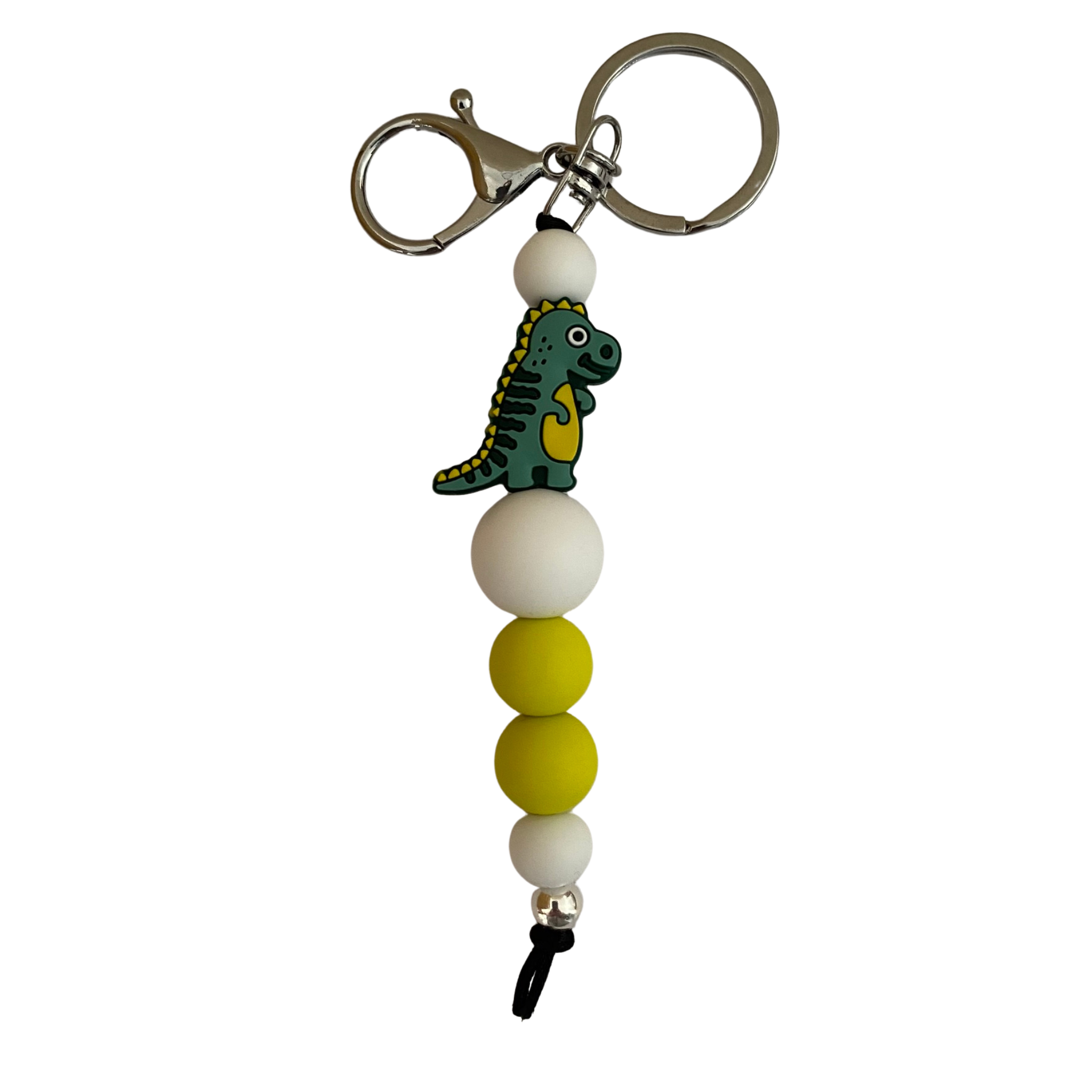 T-Rex Dinosaur Silicone Keyring with assorted coloured beads. Total length of keyring approx 18cm.