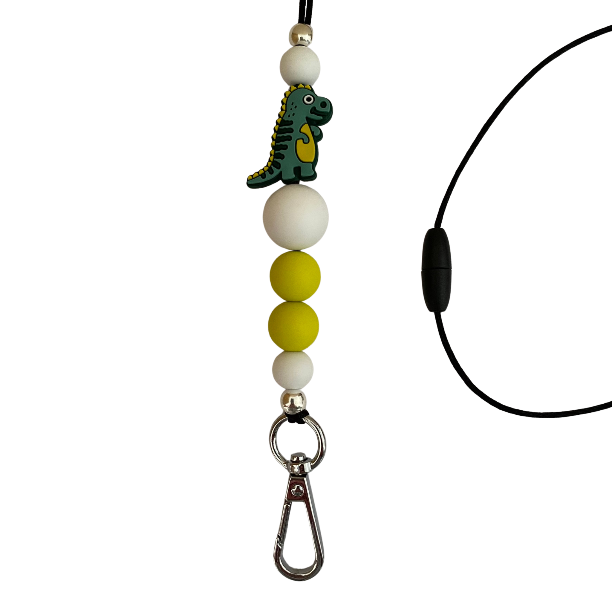 Green & yellow Dinosaur lanyard. Total length of lanyard approx 60cm and fitted with a safety break away clasp.