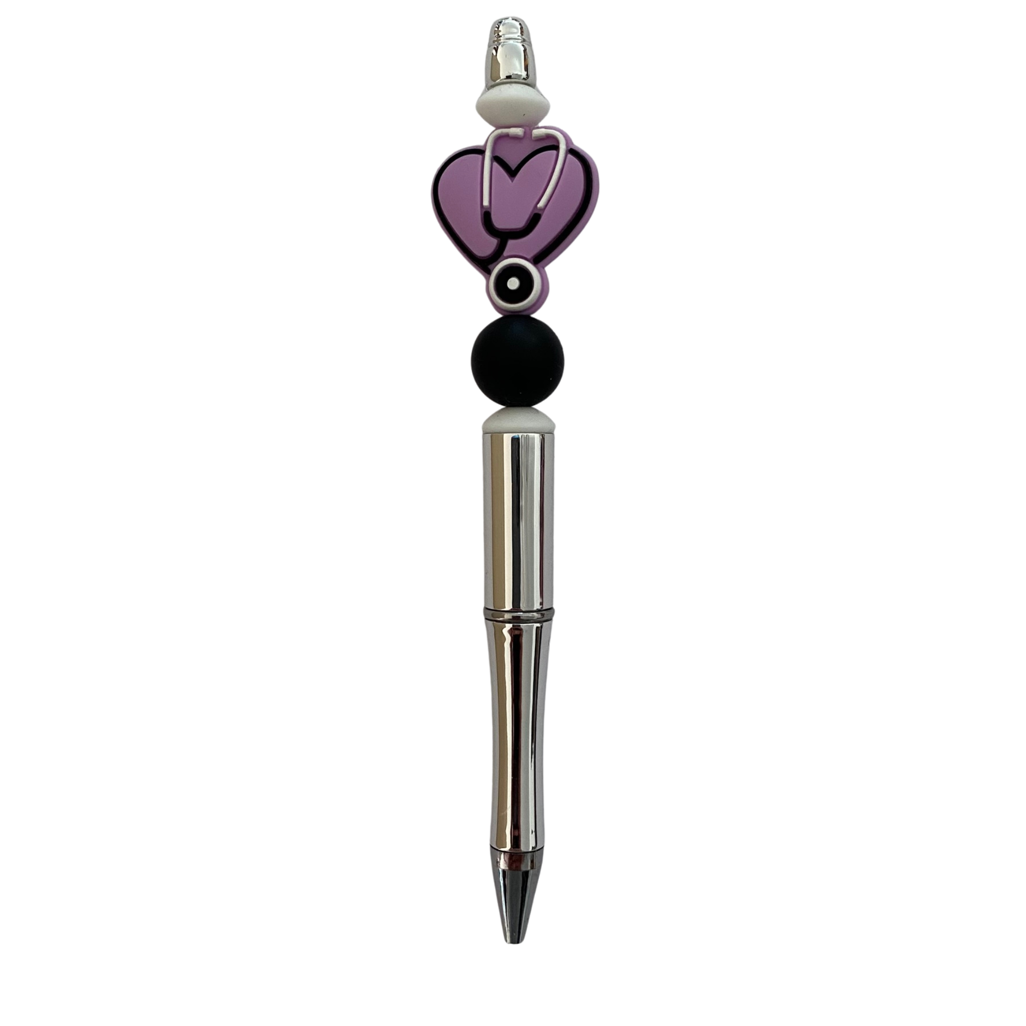 A black ink refillable pen our Stethoscope Heart Pen featuring assorted silicone beads and a stethoscope wrapped around a lavender heart on top.