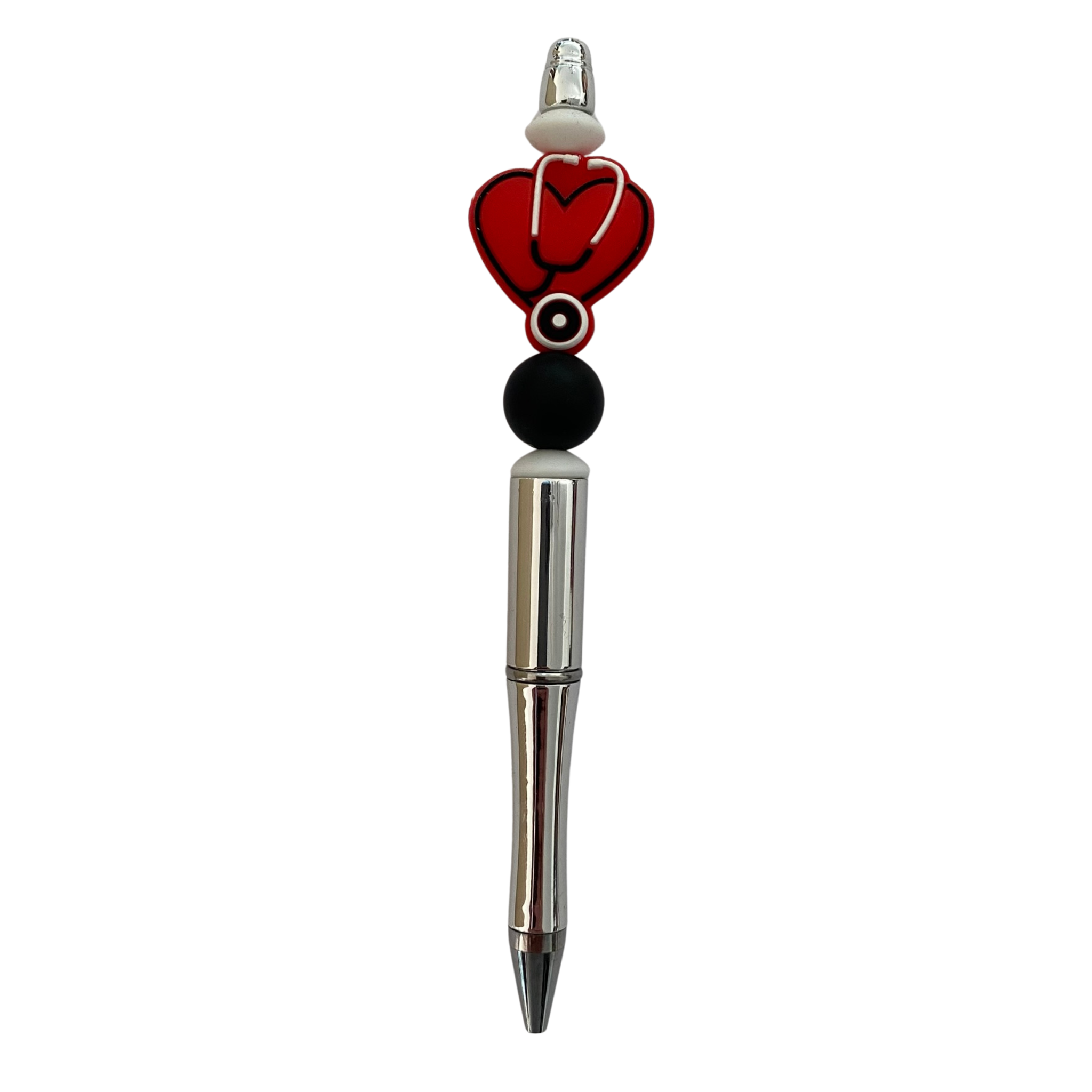 A black ink refillable pen our Stethoscope Heart Pen featuring assorted silicone beads and a stethoscope wrapped around a red heart on top.