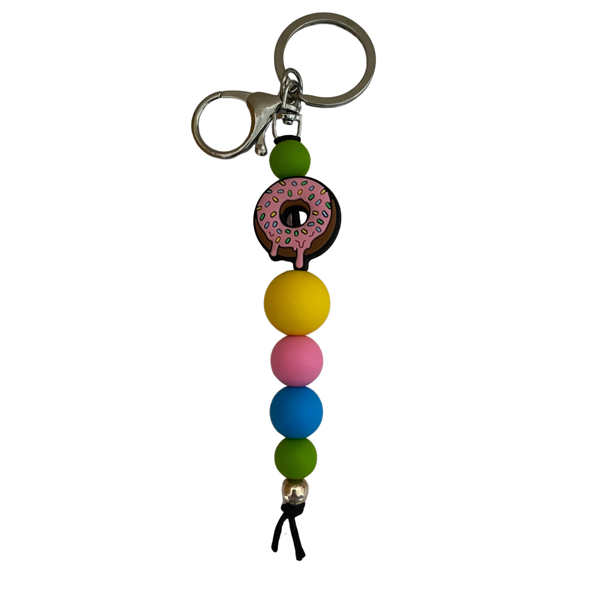 Donut Keyring with coordination yellow, pink, blue and green beads. Total length of keyring approx 18cm.