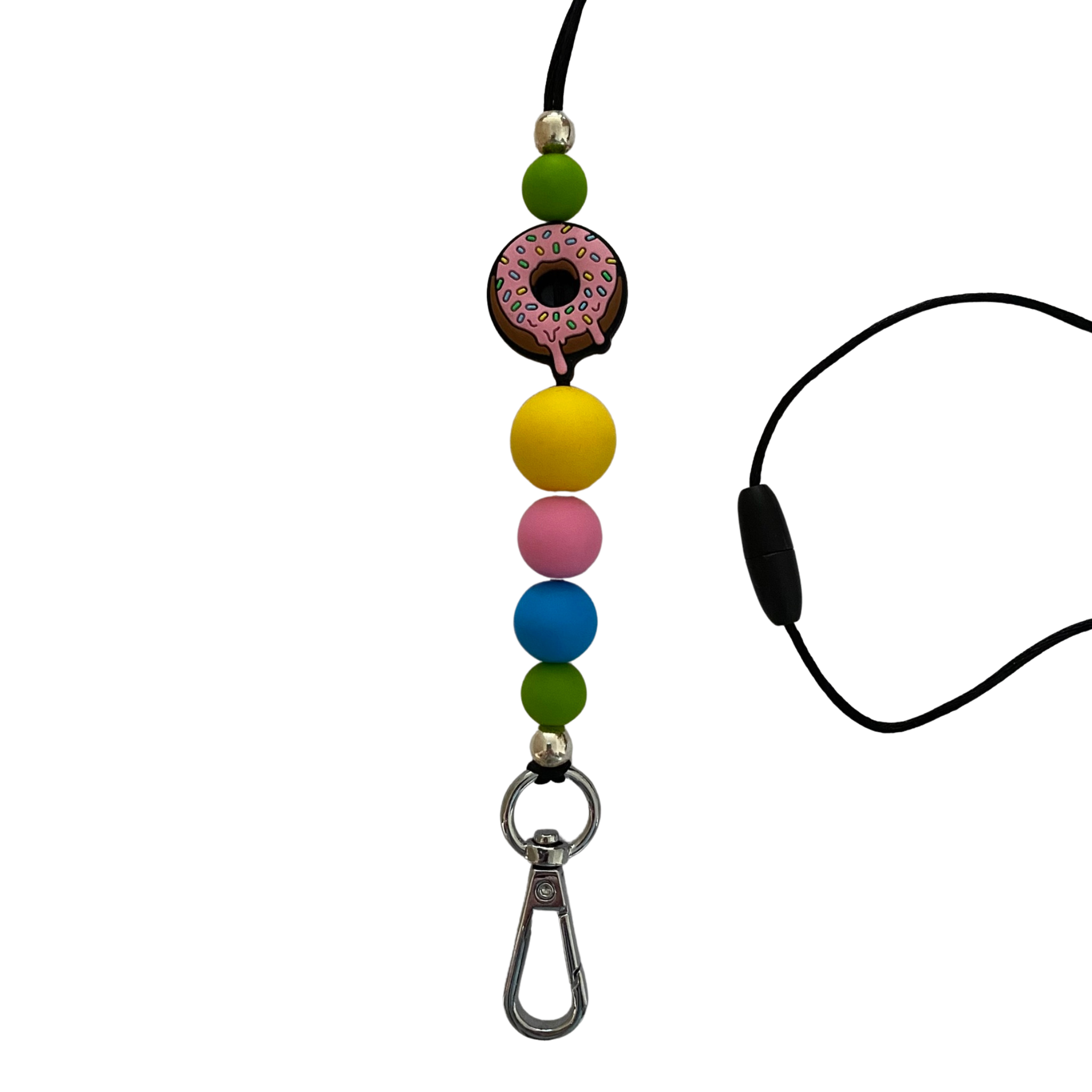 Donut Lanyard with coordinating yellow, pink, blue and green beads. Total length of lanyard approx 60cm and fitted with a safety break away clasp.