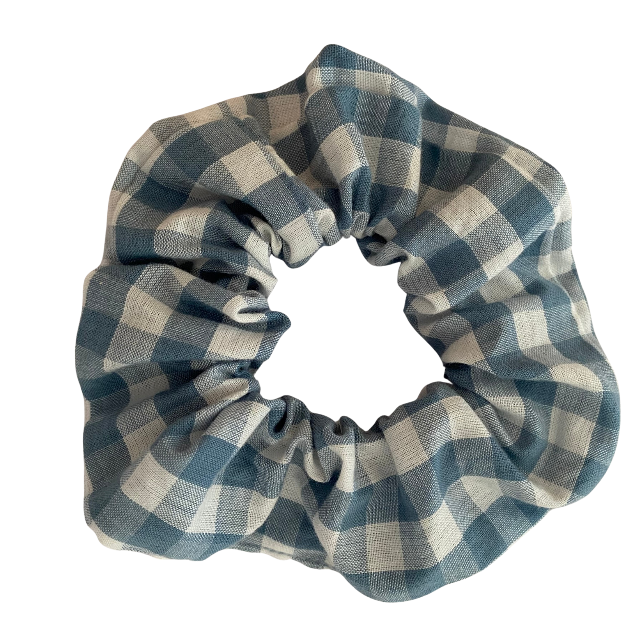 Duck Egg Blue Gingham Scrunchie is handmade from cotton woven fabric and features quality braided elastic.