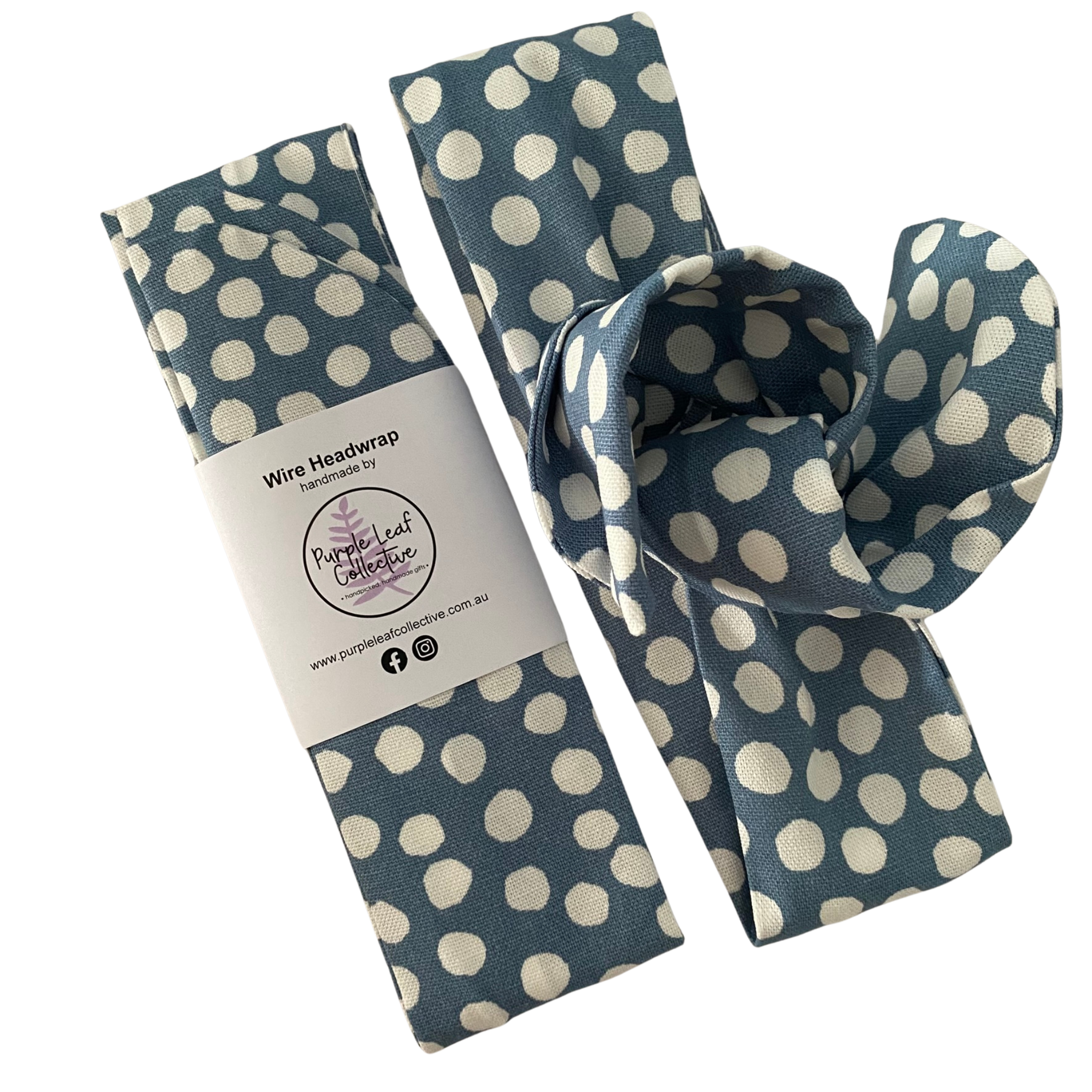 Handmade wire headwrap, headband with duck egg blue and white dots fabric. Stylish, adjustable, and perfect for all-day wear or hair loss coverage.