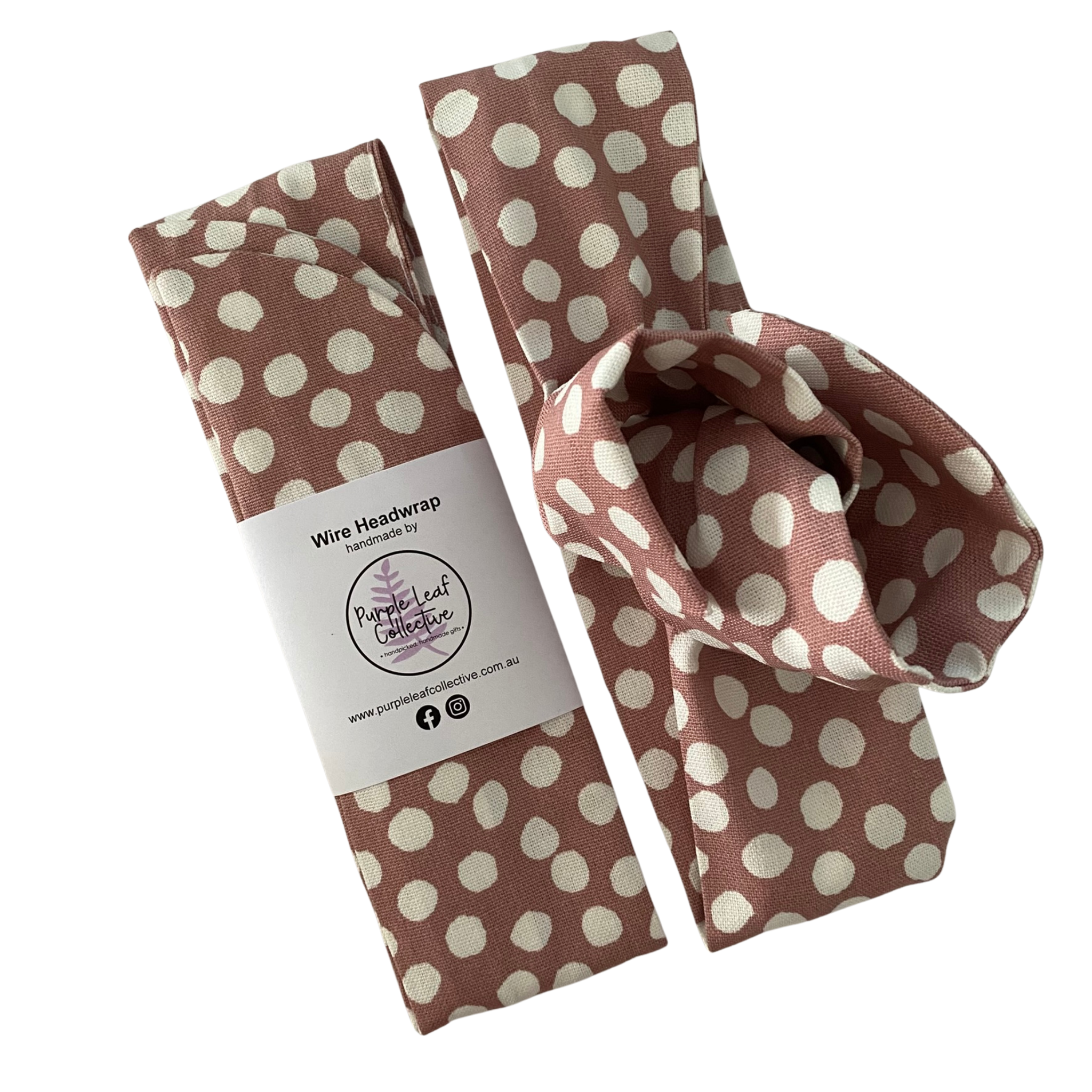 Handmade wire headwrap, headband with dusty pink and white dots fabric. Stylish, adjustable, and perfect for all-day wear or hair loss coverage.
