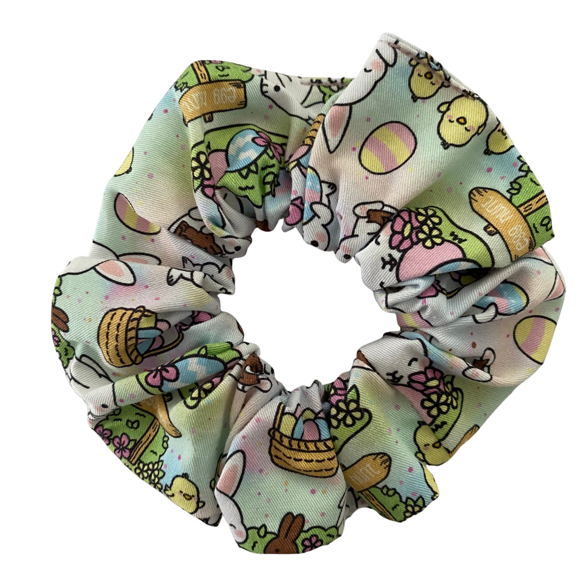 Scrunchie with Easter-themed design on a white background.